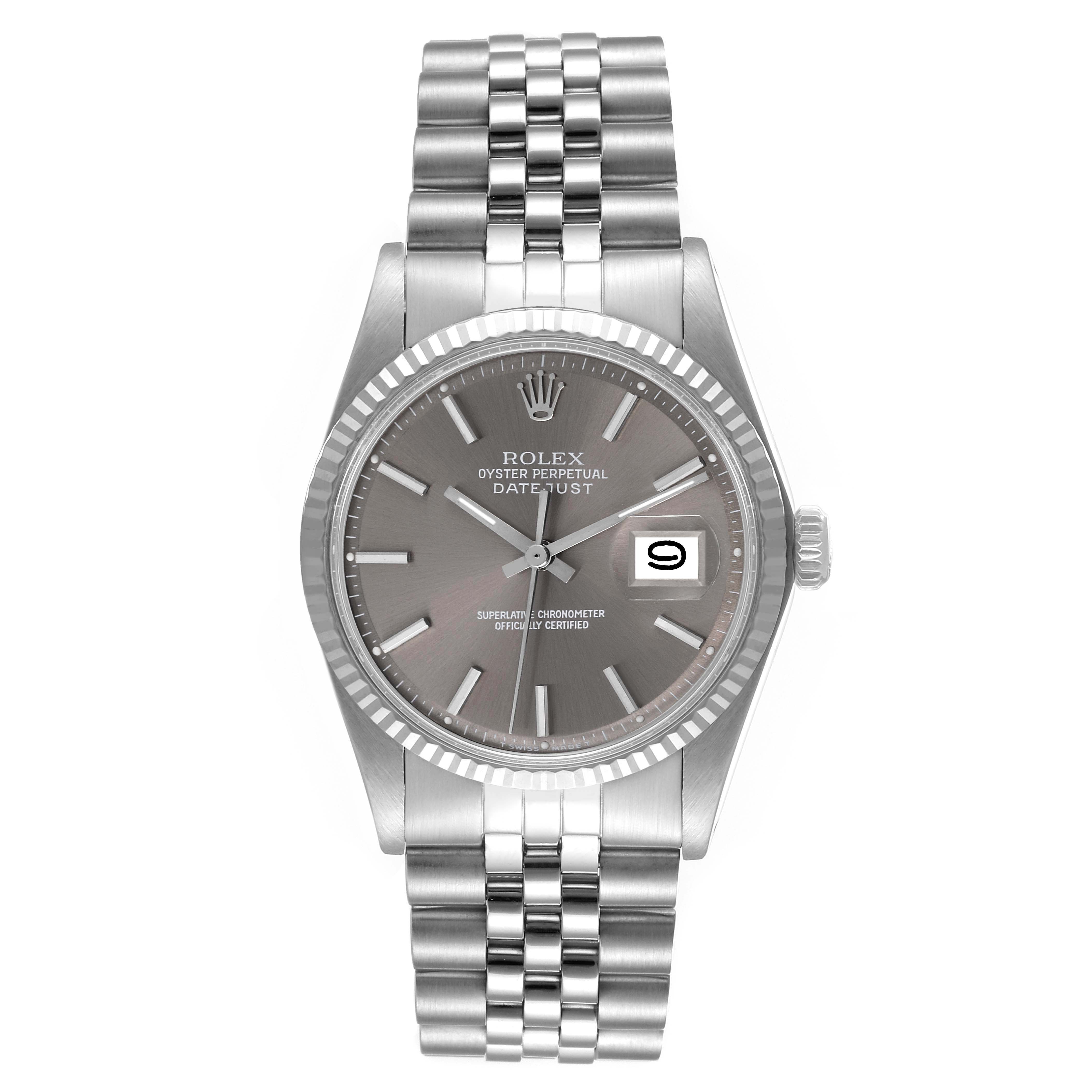 The image shows a front view of a Rolex Vintage Collection 1601 Men's Stainless Steel Grey Dial 1601 Men's Stainless Steel Grey Dial Oyster Perpetual Datejust watch with a polished bracelet and detailed dial.
