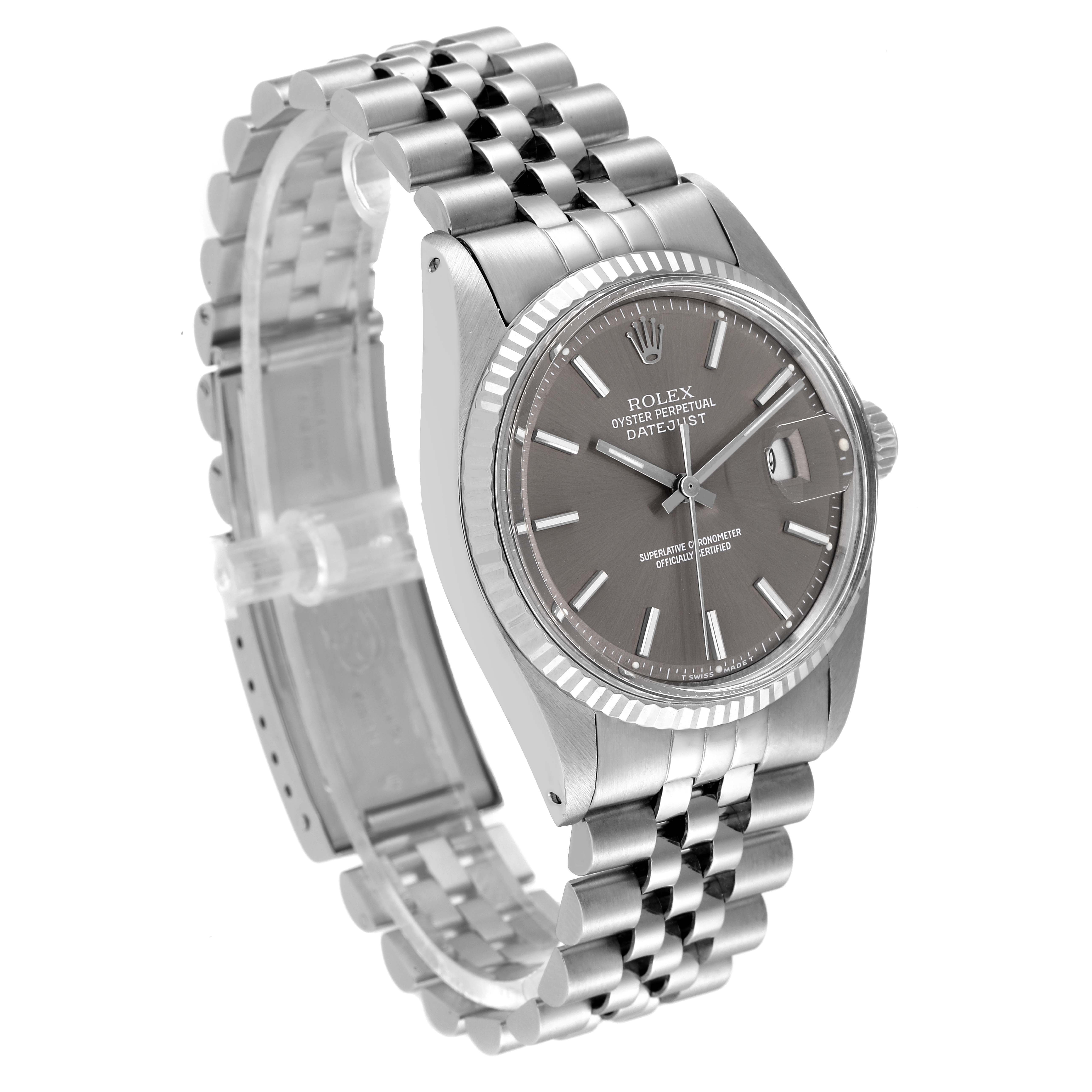 This image shows a Rolex Vintage Collection 1601 Men's Stainless Steel Grey Dial 1601 Men's Stainless Steel Grey Dial wristwatch in three-quarter view, highlighting the face, bezel, bracelet, and crown.