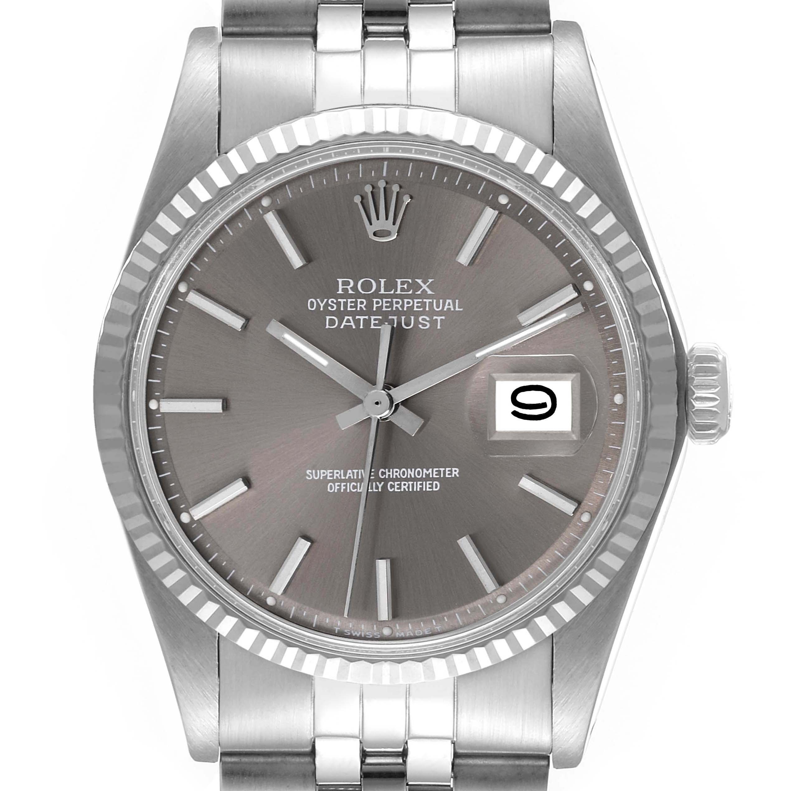 The image shows a frontal view of the Rolex Vintage Collection 1601 Men's Stainless Steel Grey Dial 1601 Men's Stainless Steel Grey Dial Datejust watch, highlighting its face, bezel, crown, and bracelet.