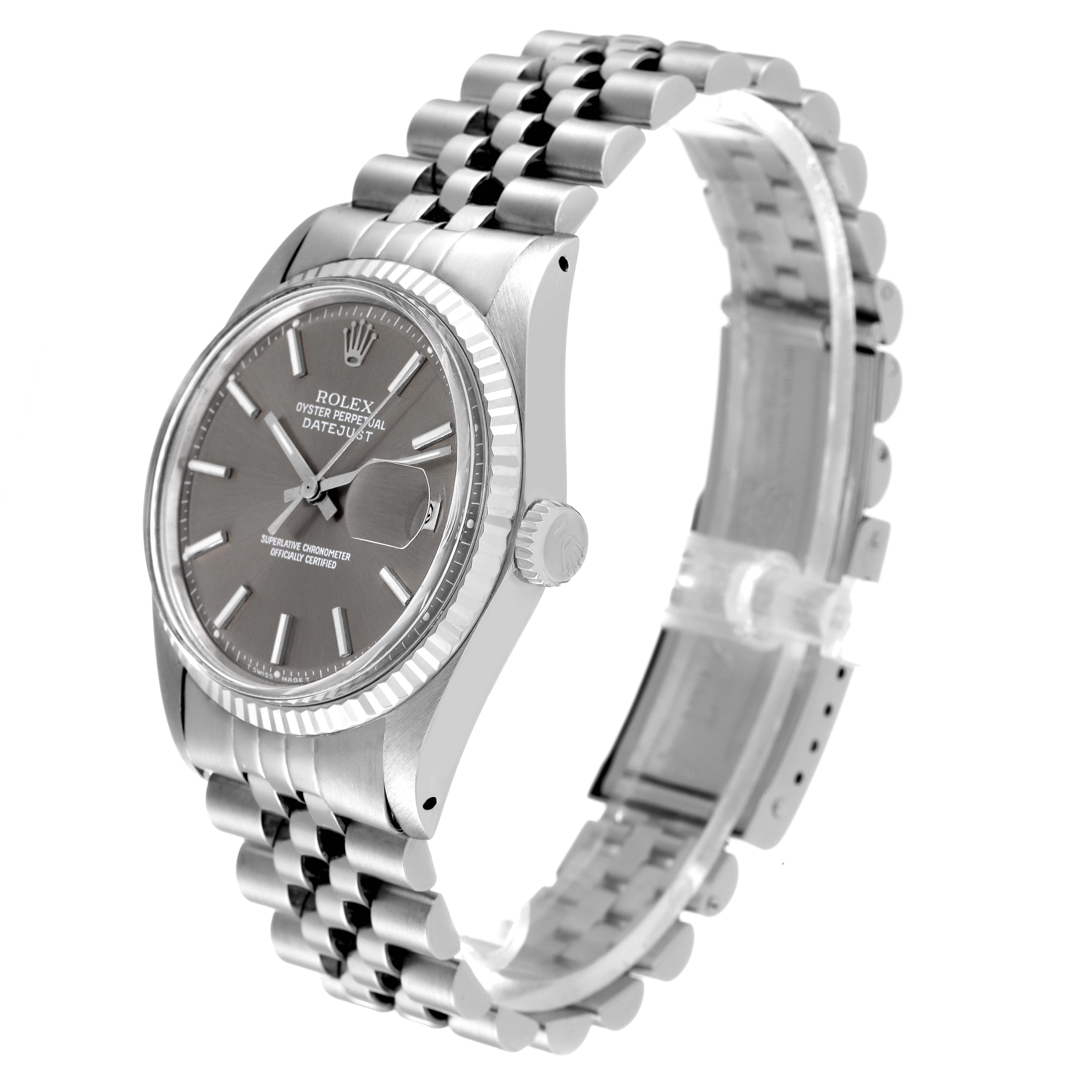 The Rolex Vintage Collection 1601 Men's Stainless Steel Grey Dial 1601 Men's Stainless Steel Grey Dial model watch is shown at a three-quarter angle, highlighting the face, crown, and bracelet.