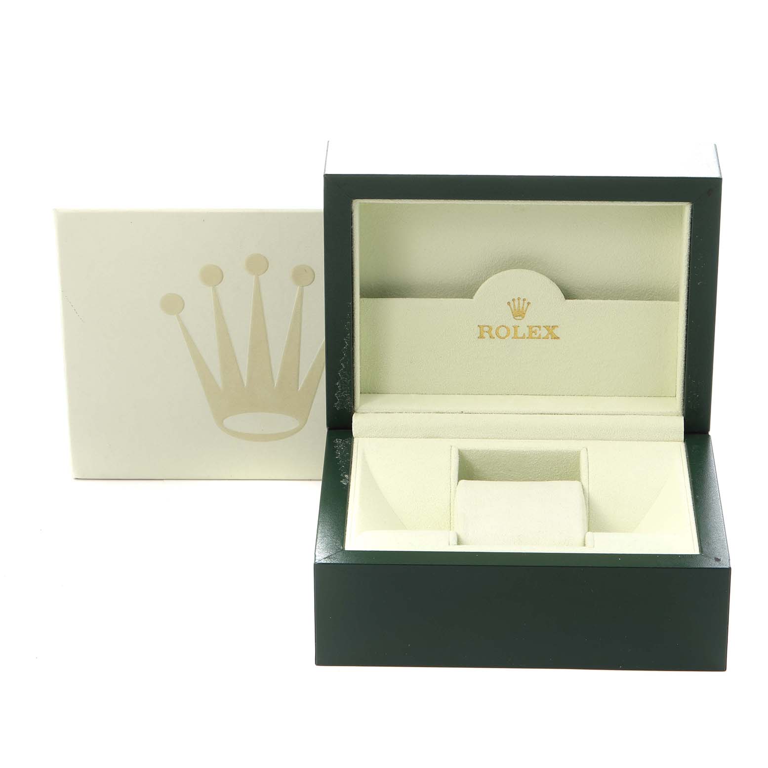 The image shows an open Rolex watch box for a Datejust model, featuring the brand logo inside.