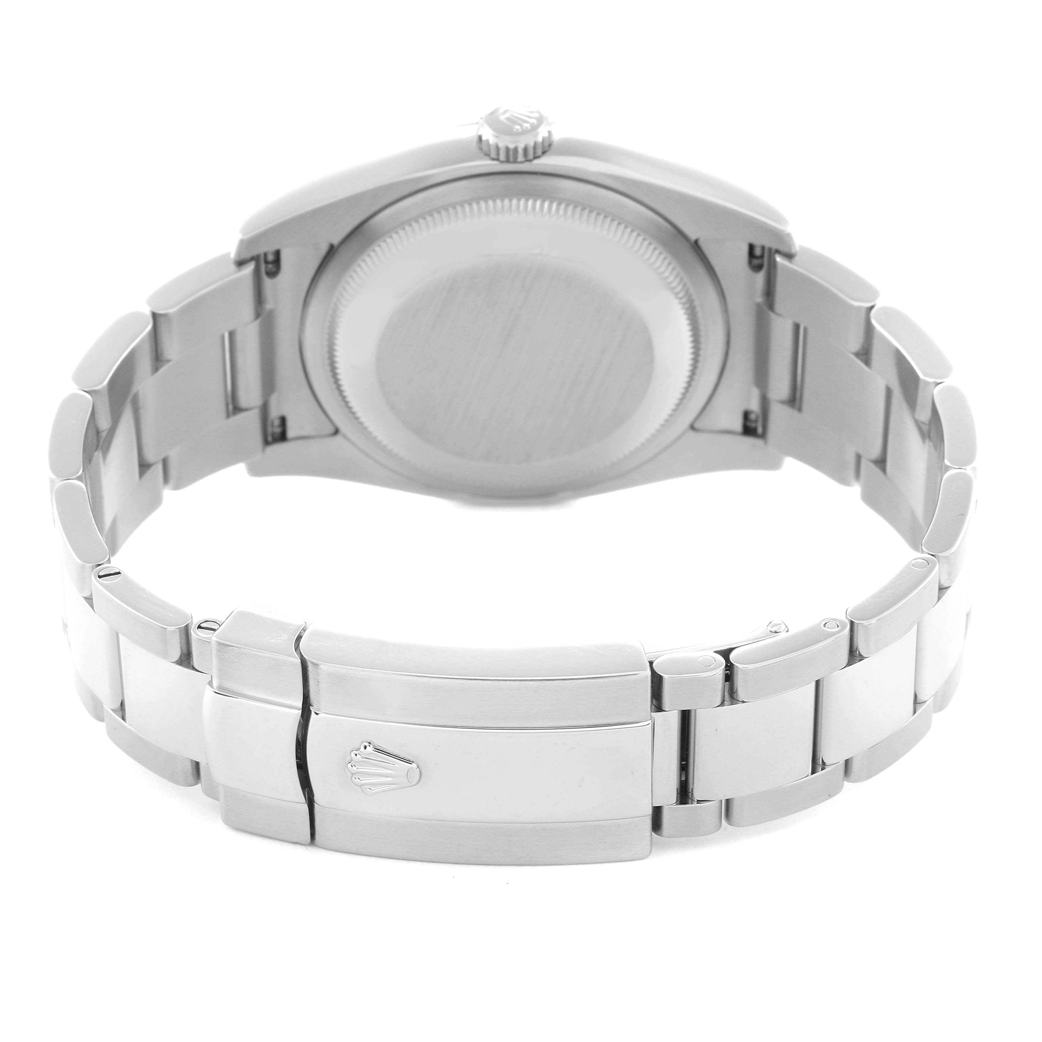 The image shows a rear angle of the Rolex Datejust 116234 Men
s Stainless Steel Silver Dial 116234 Men
s Stainless Steel Silver Dial, highlighting the case back and bracelet with the clasp and crown logo.