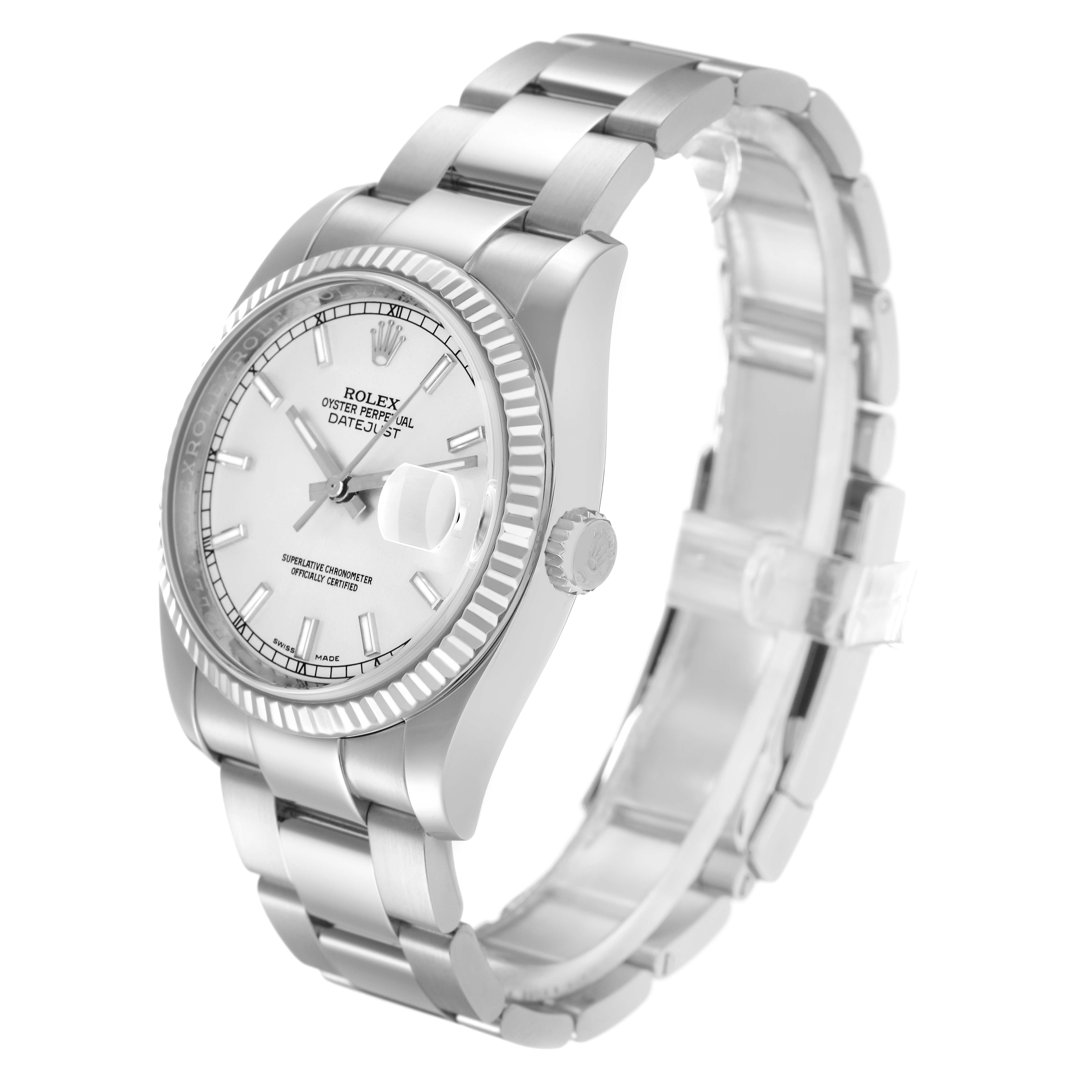 The Rolex Datejust 116234 Men
s Stainless Steel Silver Dial 116234 Men
s Stainless Steel Silver Dial watch is shown at a three-quarter angle highlighting the dial, fluted bezel, bracelet, and crown.