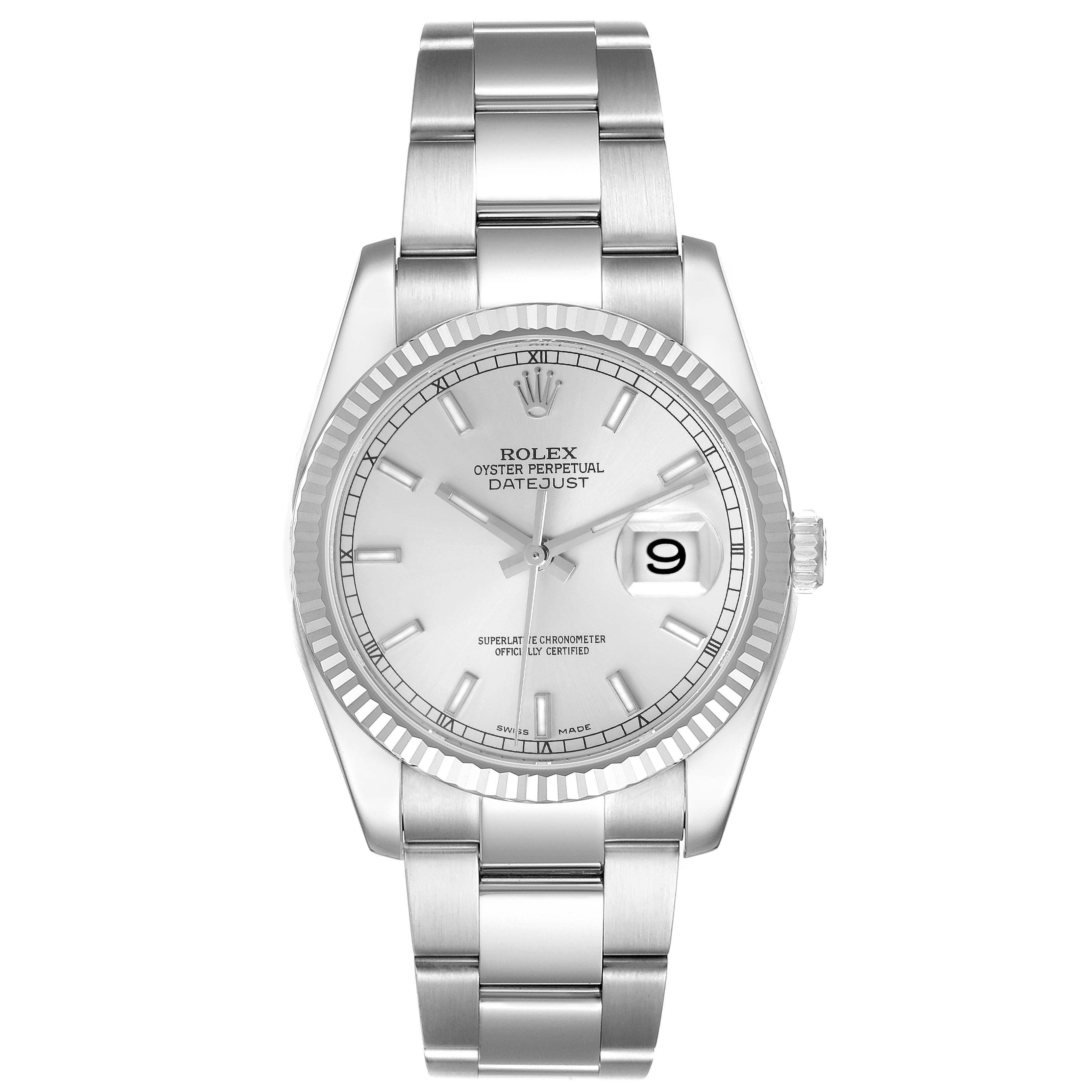 The Rolex Datejust 116234 Men
s Stainless Steel Silver Dial 116234 Men
s Stainless Steel Silver Dial watch is shown from a straight-on angle, highlighting the face, bezel, crown, and bracelet.