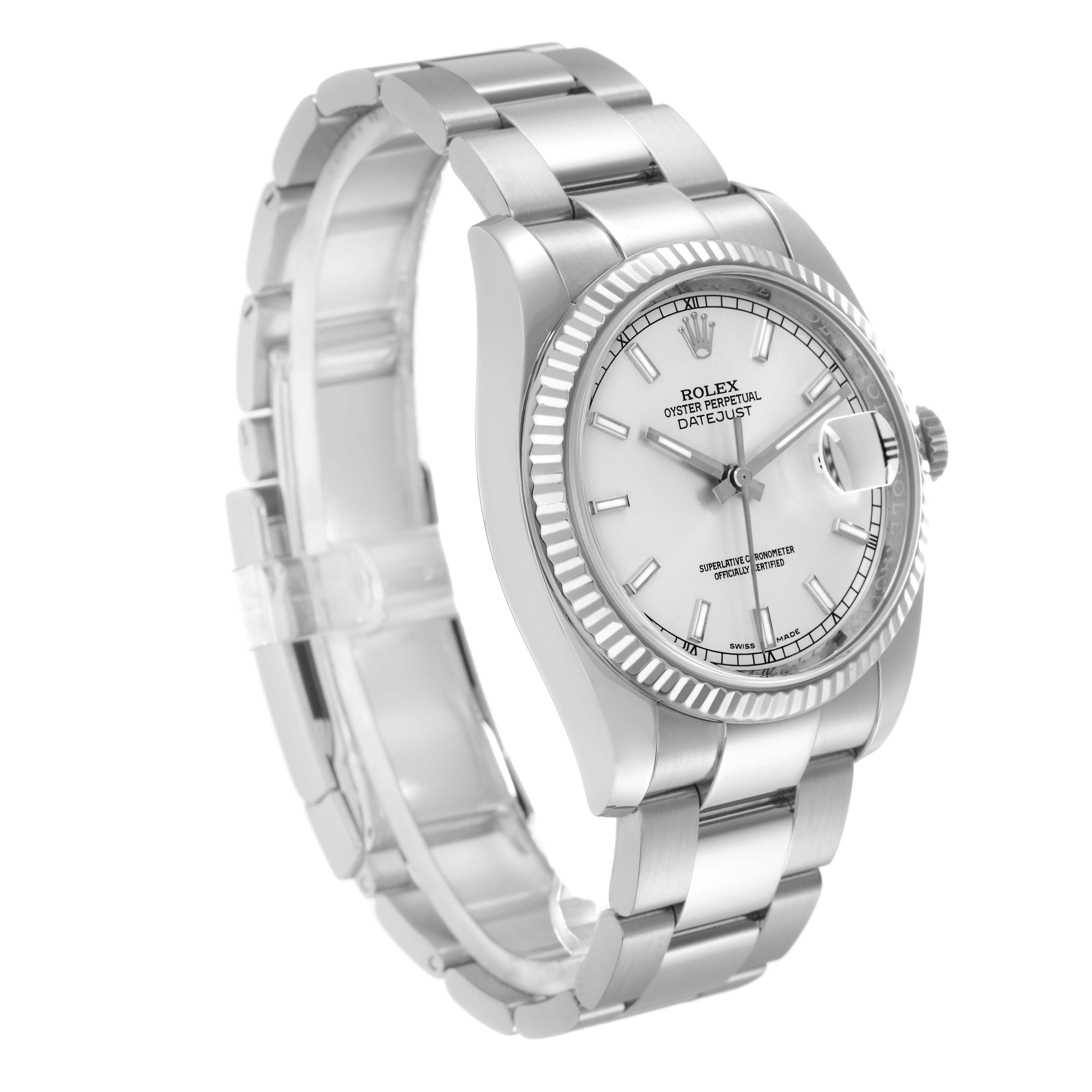 The Rolex Datejust 116234 Men
s Stainless Steel Silver Dial 116234 Men
s Stainless Steel Silver Dial watch is shown at a three-quarter angle, displaying the face, bezel, case, and bracelet.