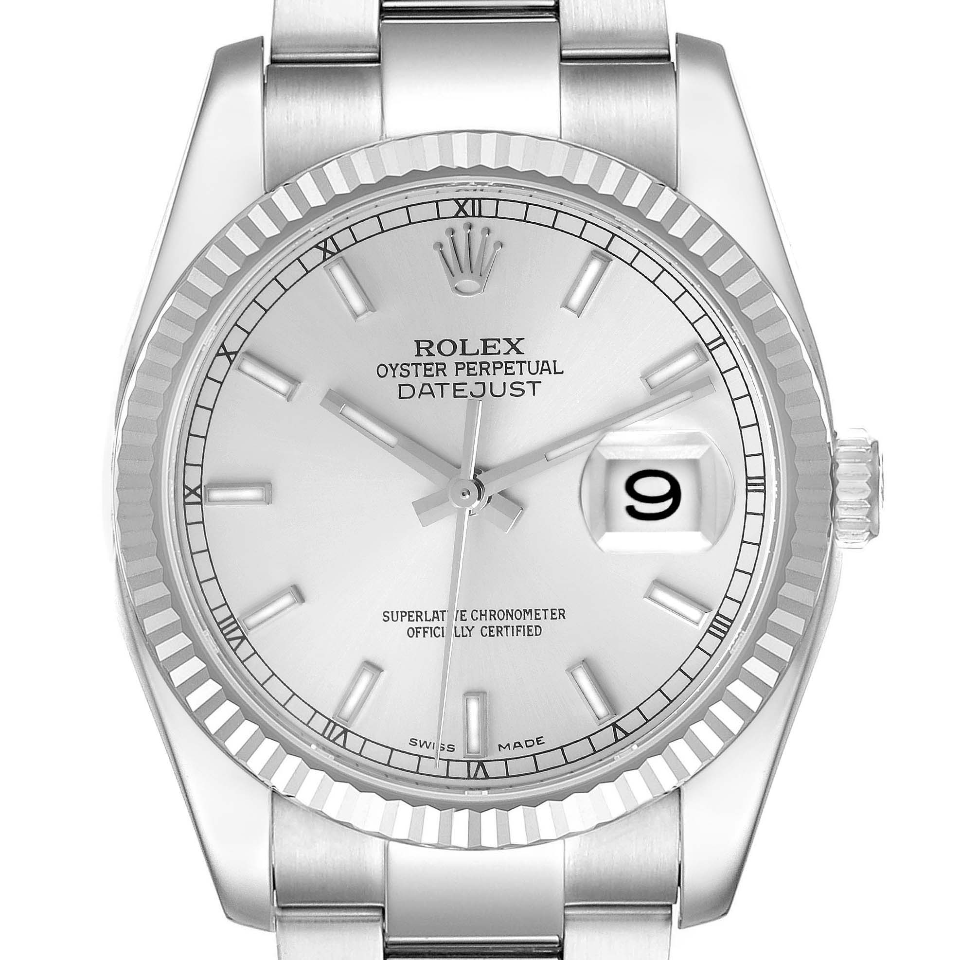 The Rolex Datejust 116234 Men
s Stainless Steel Silver Dial 116234 Men
s Stainless Steel Silver Dial watch is shown from the front, featuring the dial, fluted bezel, and part of the bracelet.