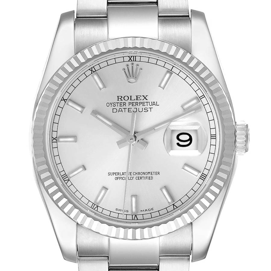 The Rolex Datejust watch is shown from the front, featuring the dial, fluted bezel, and part of the bracelet.