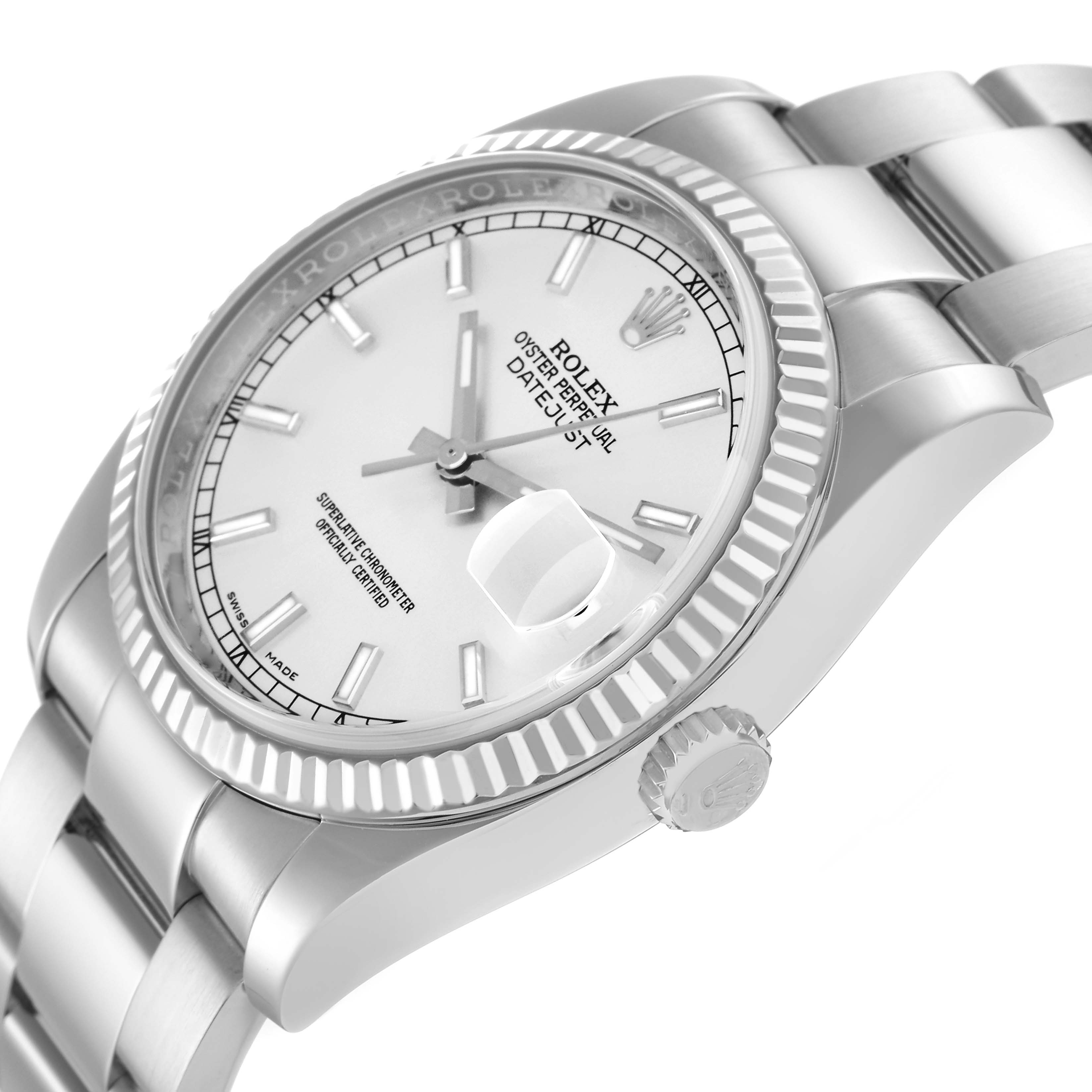 The Rolex Datejust 116234 Men
s Stainless Steel Silver Dial 116234 Men
s Stainless Steel Silver Dial is shown from a side angle, highlighting the bezel, crown, dial, and part of the bracelet.