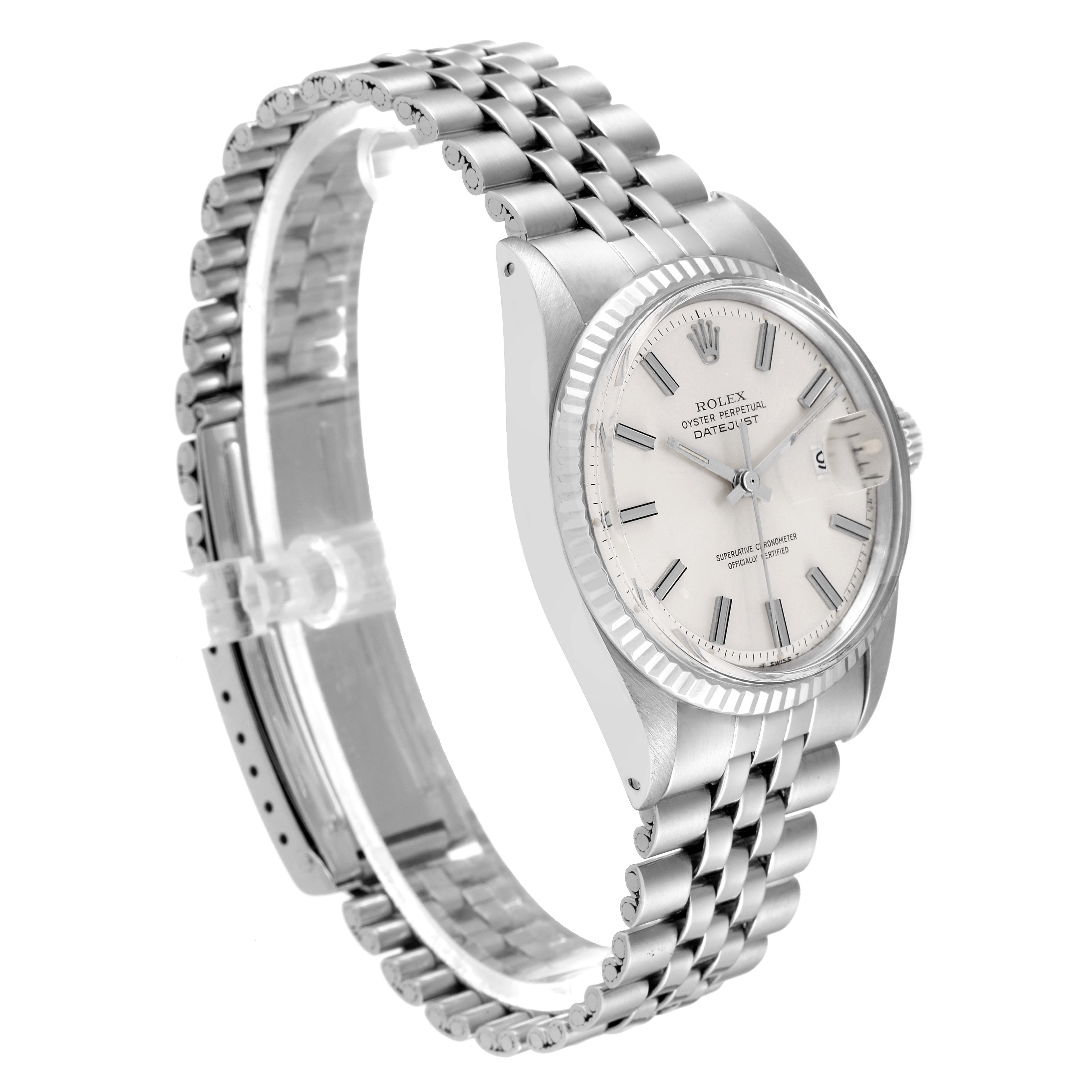 The Rolex Vintage Collection 1601 Men
s Stainless Steel Silver Dial 1601 Men
s Stainless Steel Silver Dial model watch is shown at a slight angle, highlighting its face, bezel, and metal bracelet.