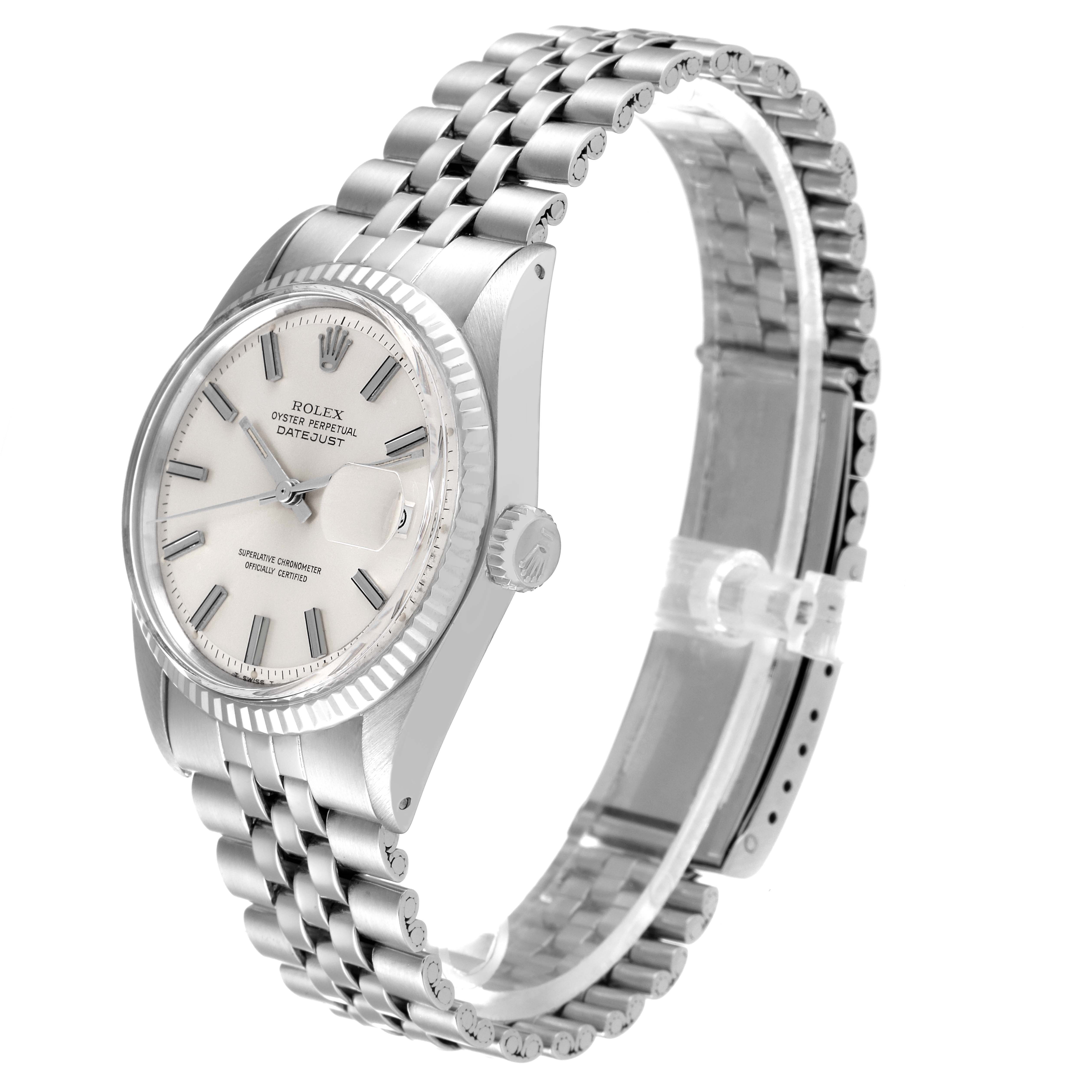 The image shows a side view of a Rolex Vintage Collection 1601 Men
s Stainless Steel Silver Dial 1601 Men
s Stainless Steel Silver Dial model with its face, bezel, crown, and band visible.