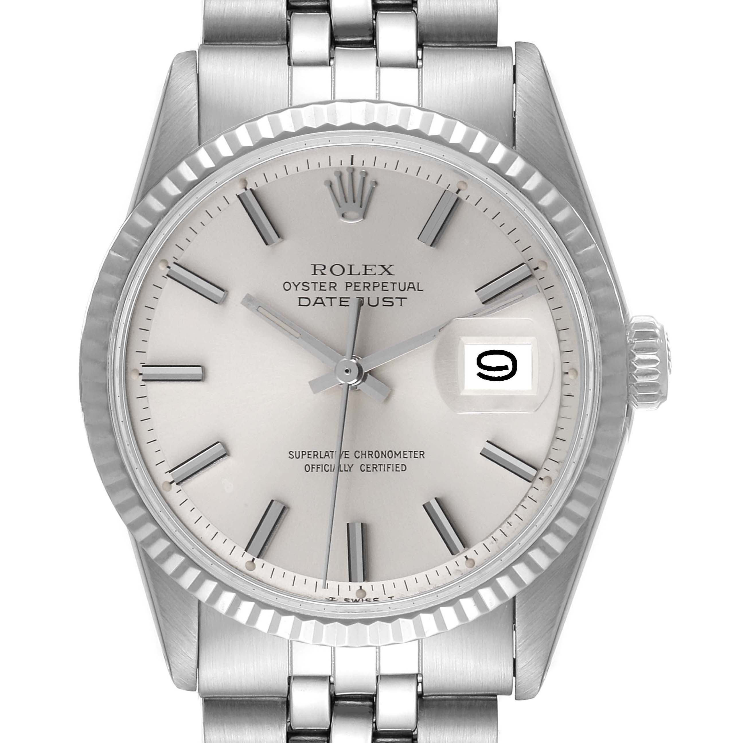 The image shows a frontal view of the Rolex Vintage Collection 1601 Men
s Stainless Steel Silver Dial 1601 Men
s Stainless Steel Silver Dial Datejust watch, featuring its dial, bezel, and part of the bracelet.