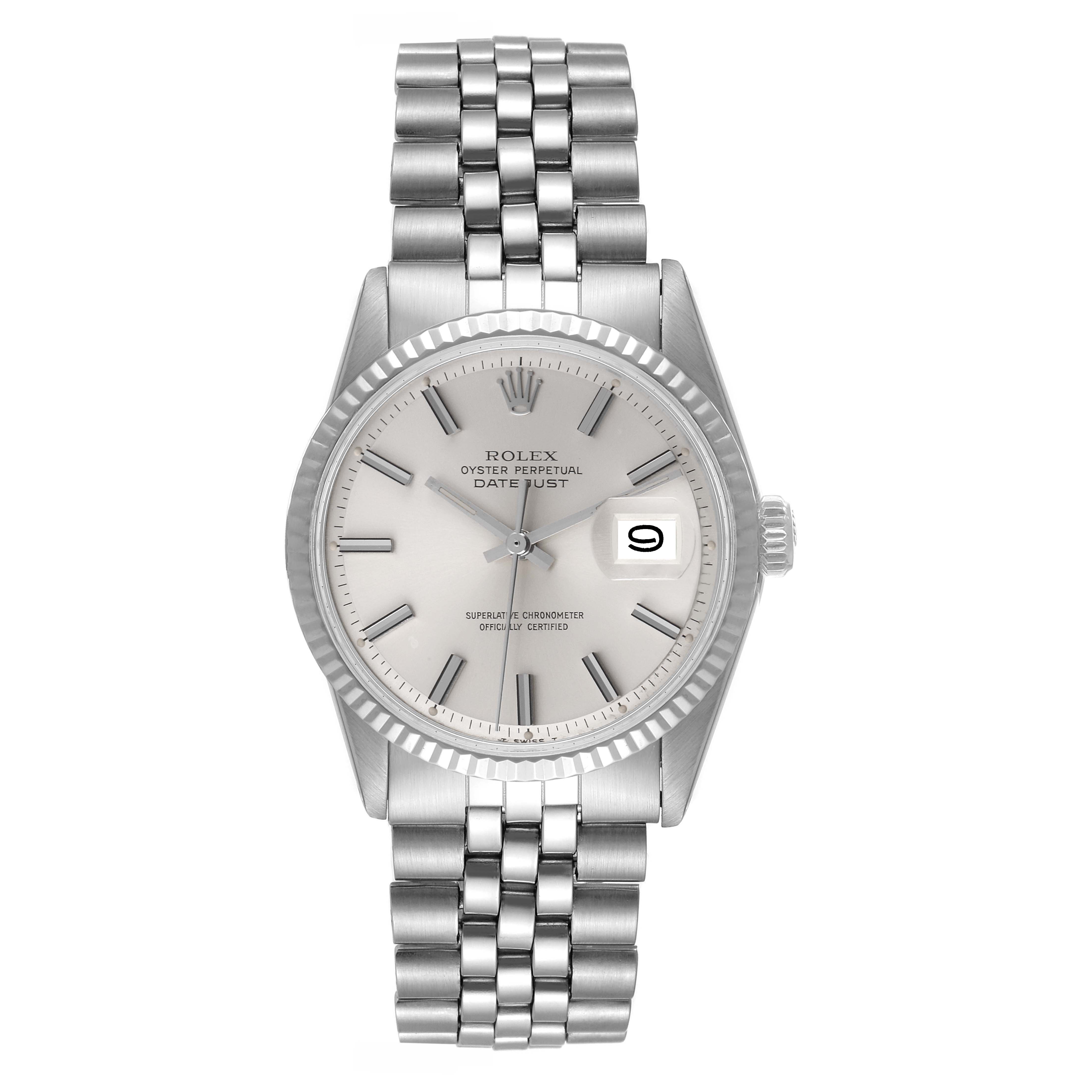 The image shows a front view of the Rolex Vintage Collection 1601 Men
s Stainless Steel Silver Dial 1601 Men
s Stainless Steel Silver Dial Oyster Perpetual Datejust watch, highlighting its face, bezel, and bracelet.