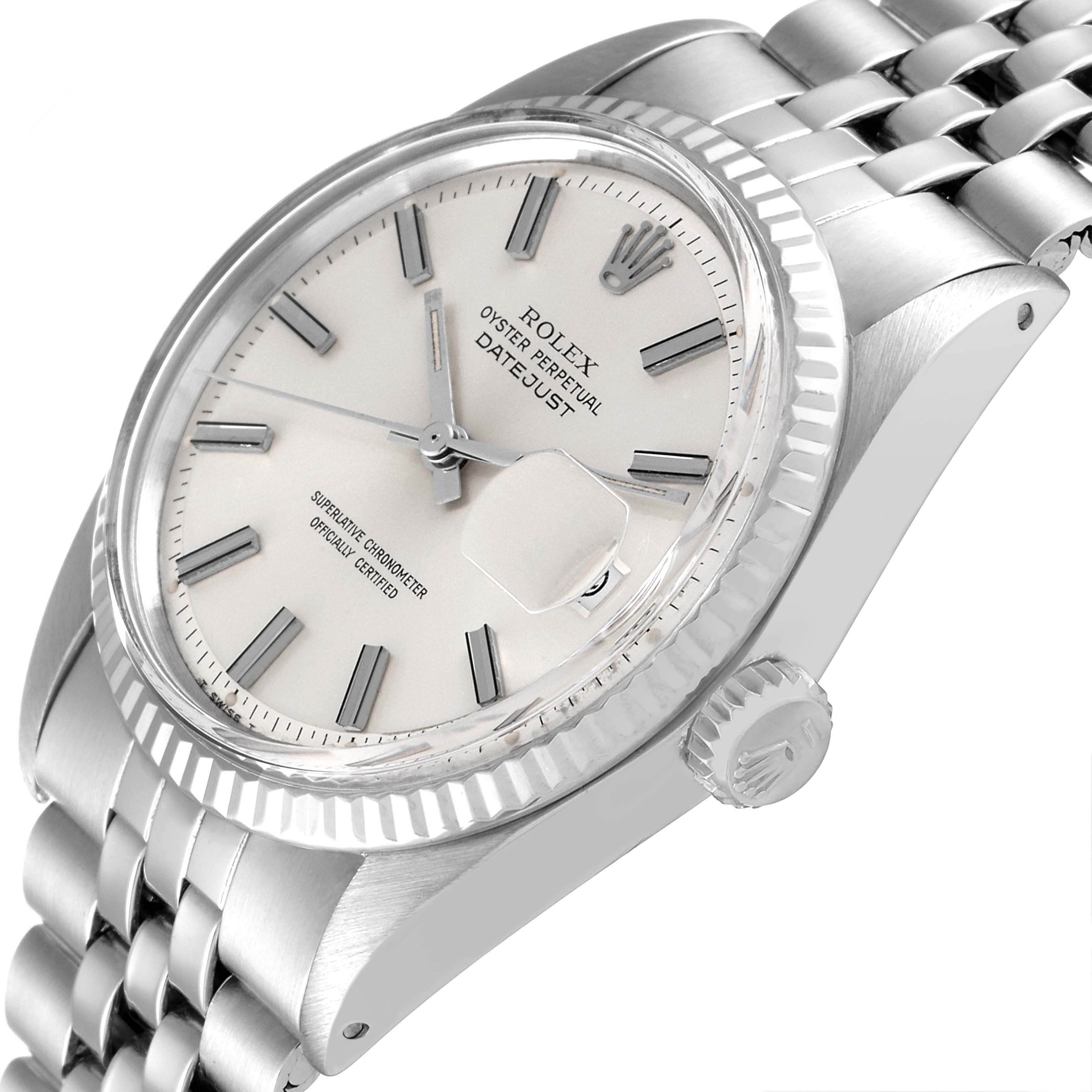 This image shows a close-up of the Rolex Vintage Collection 1601 Men
s Stainless Steel Silver Dial 1601 Men
s Stainless Steel Silver Dial Datejust from a three-quarter angle, showcasing the dial, crown, and bracelet.