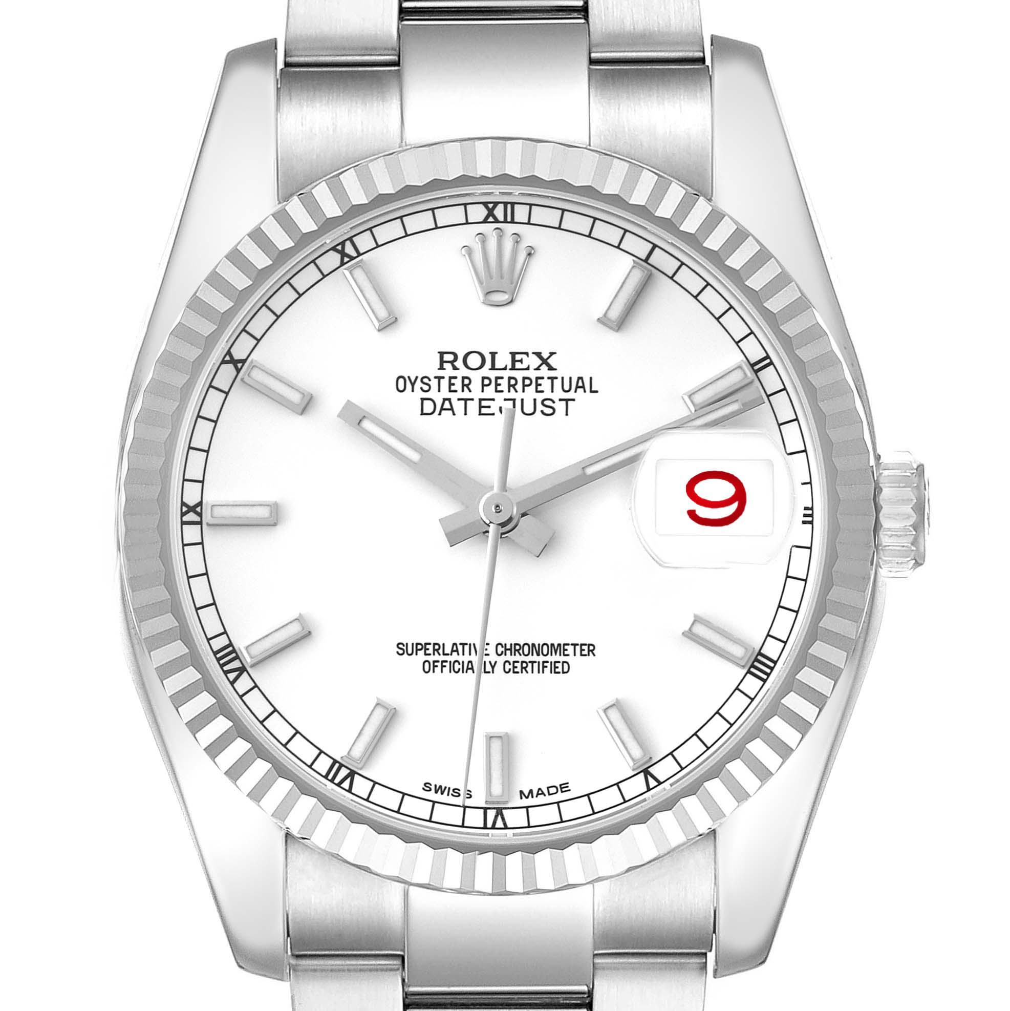 The Rolex Datejust 116234 Men
s Stainless Steel White Dial 116234 Men
s Stainless Steel White Dial watch is shown from a front angle, displaying the dial, bezel, indices, hands, and date window.