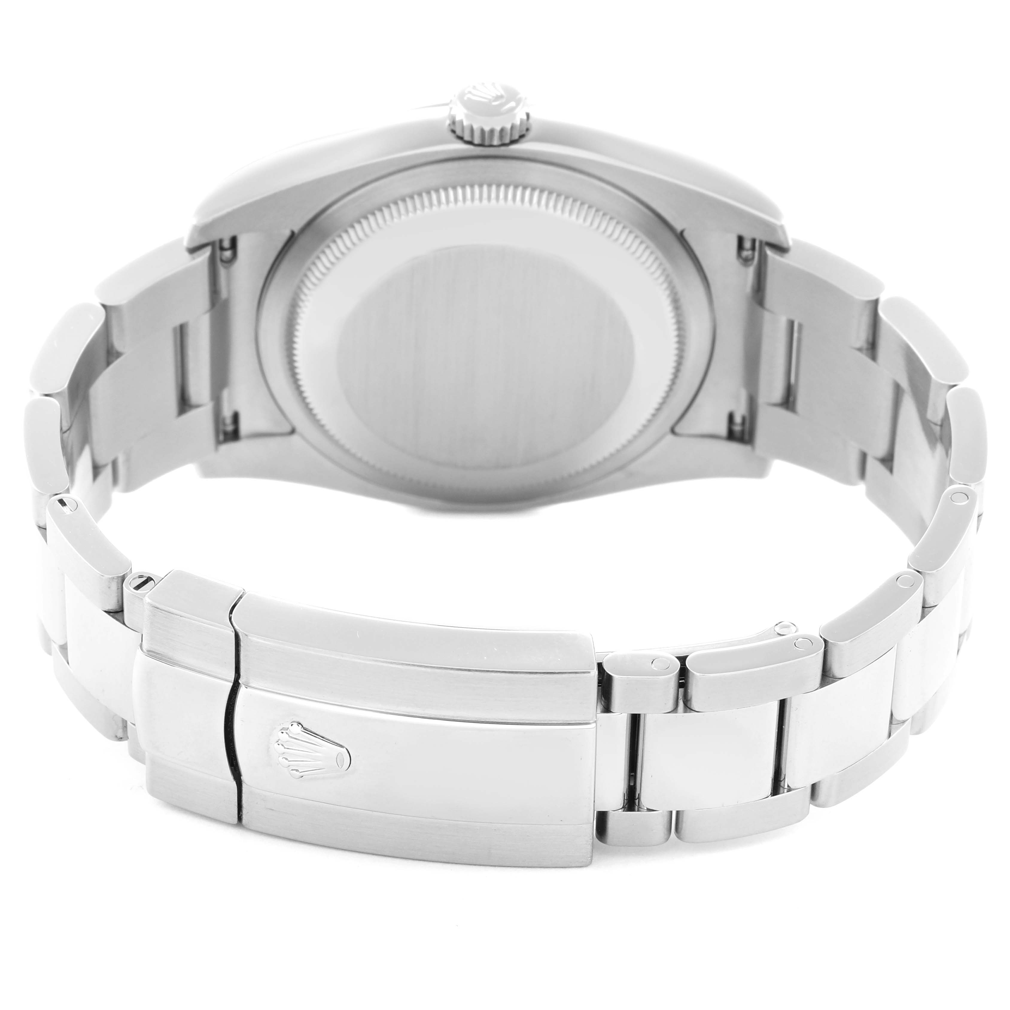 The image shows the back view of a Rolex Datejust 116234 Men
s Stainless Steel White Dial 116234 Men
s Stainless Steel White Dial, highlighting the case back and clasp of the bracelet.