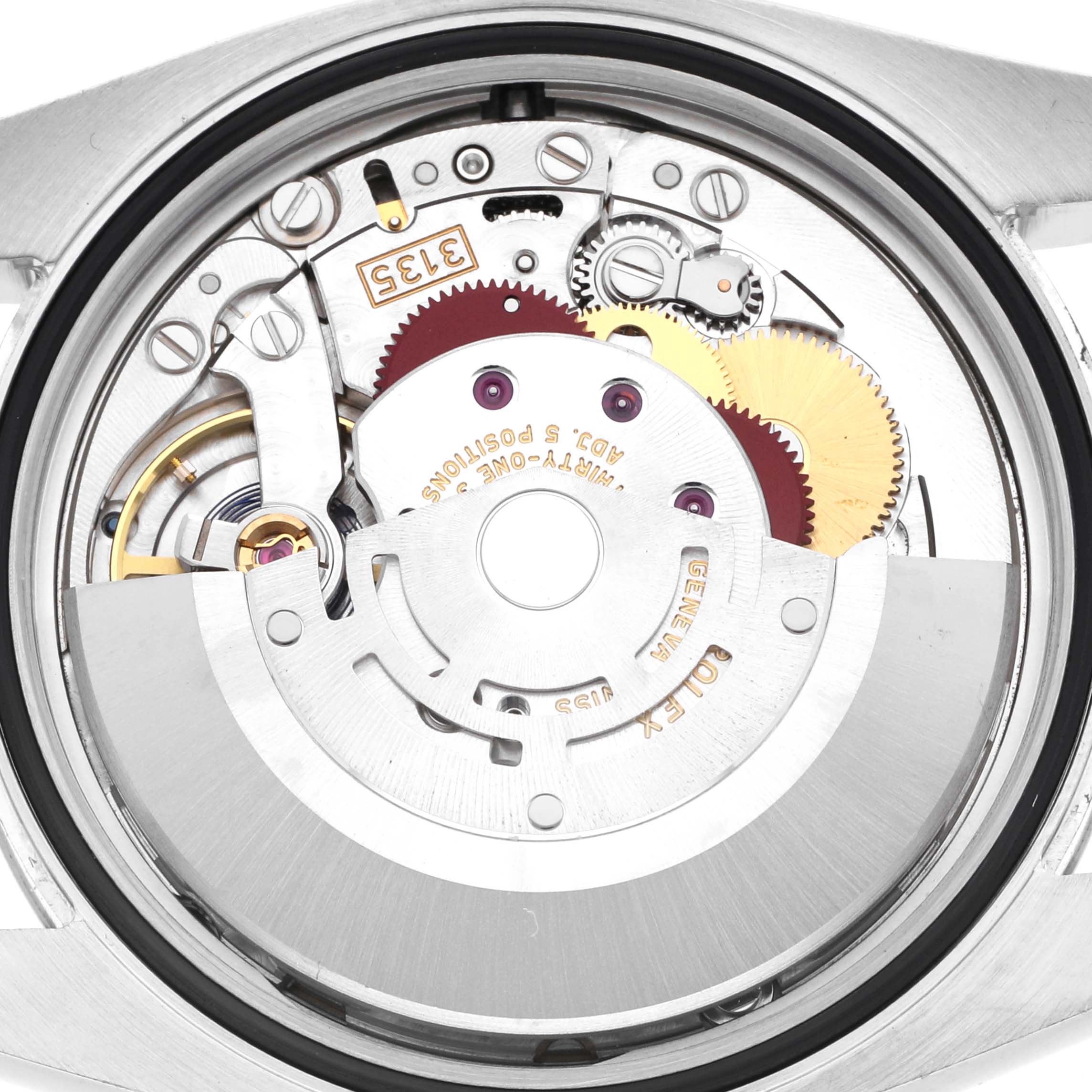 The image shows the movement and gears of a Rolex Datejust 116234 Men
s Stainless Steel White Dial 116234 Men
s Stainless Steel White Dial watch from a back view angle.