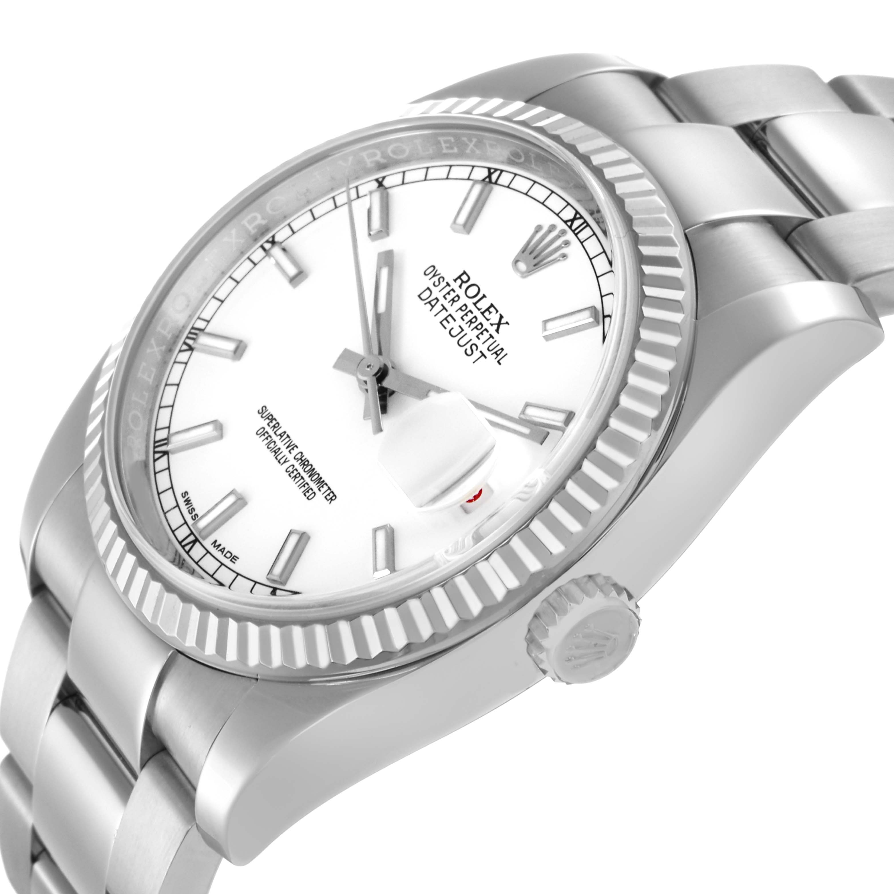 The Rolex Datejust 116234 Men
s Stainless Steel White Dial 116234 Men
s Stainless Steel White Dial watch is shown at an angled side view, featuring the dial, bezel, and part of the bracelet.