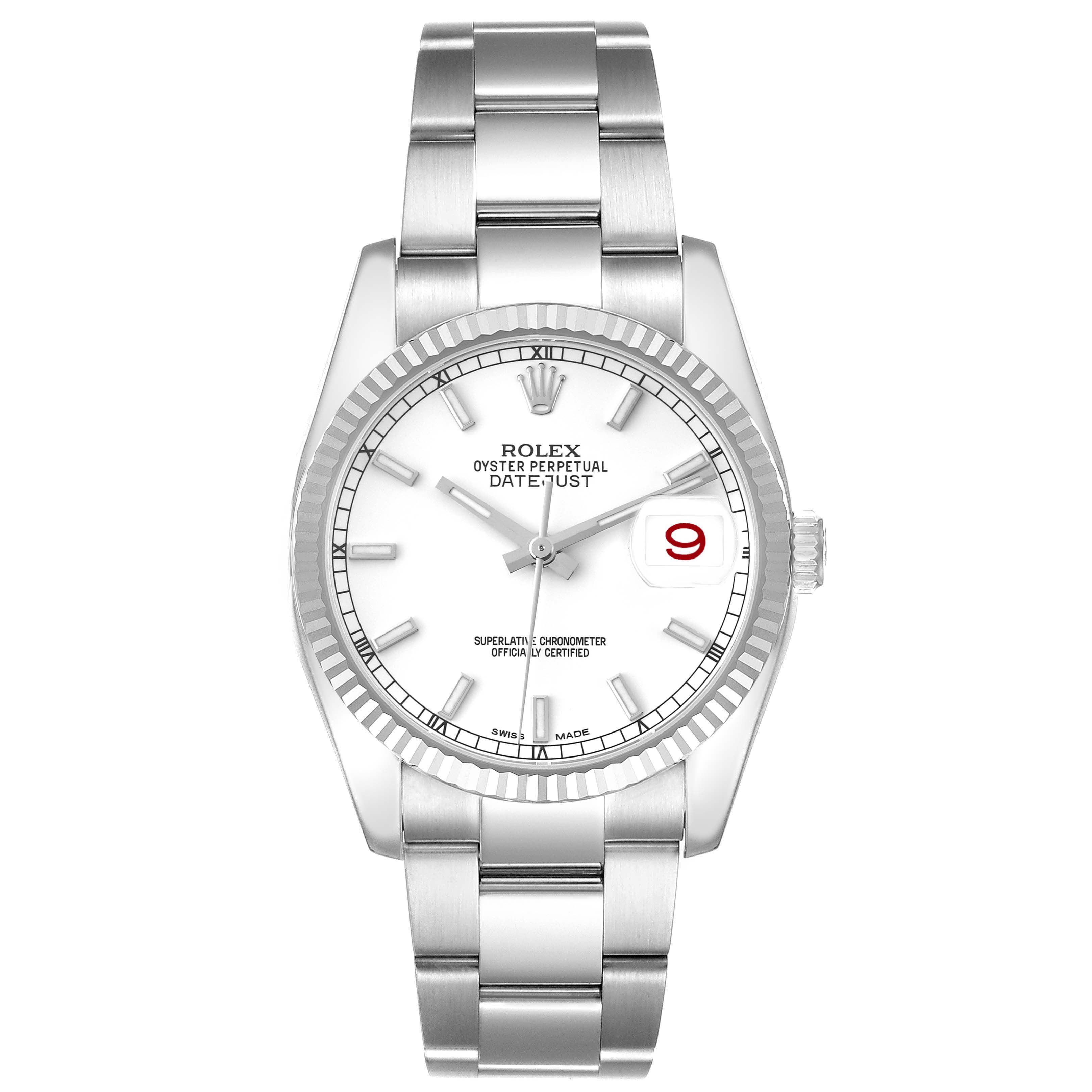 The Rolex Datejust 116234 Men
s Stainless Steel White Dial 116234 Men
s Stainless Steel White Dial watch is shown from a top view, highlighting its white dial, fluted bezel, and oyster bracelet.