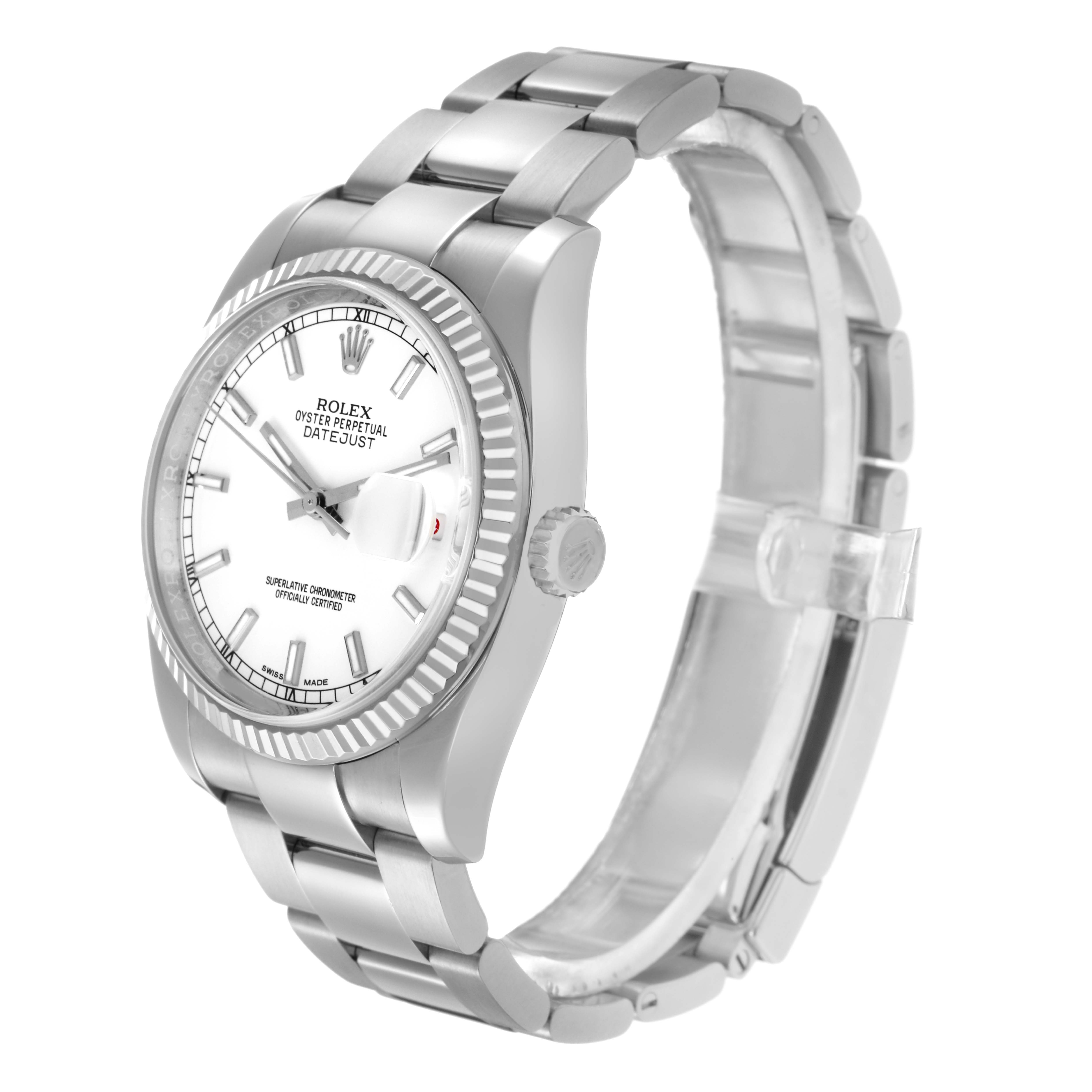 The Rolex Datejust 116234 Men
s Stainless Steel White Dial 116234 Men
s Stainless Steel White Dial watch is shown at a side angle, highlighting the face, bezel, and part of the bracelet.
