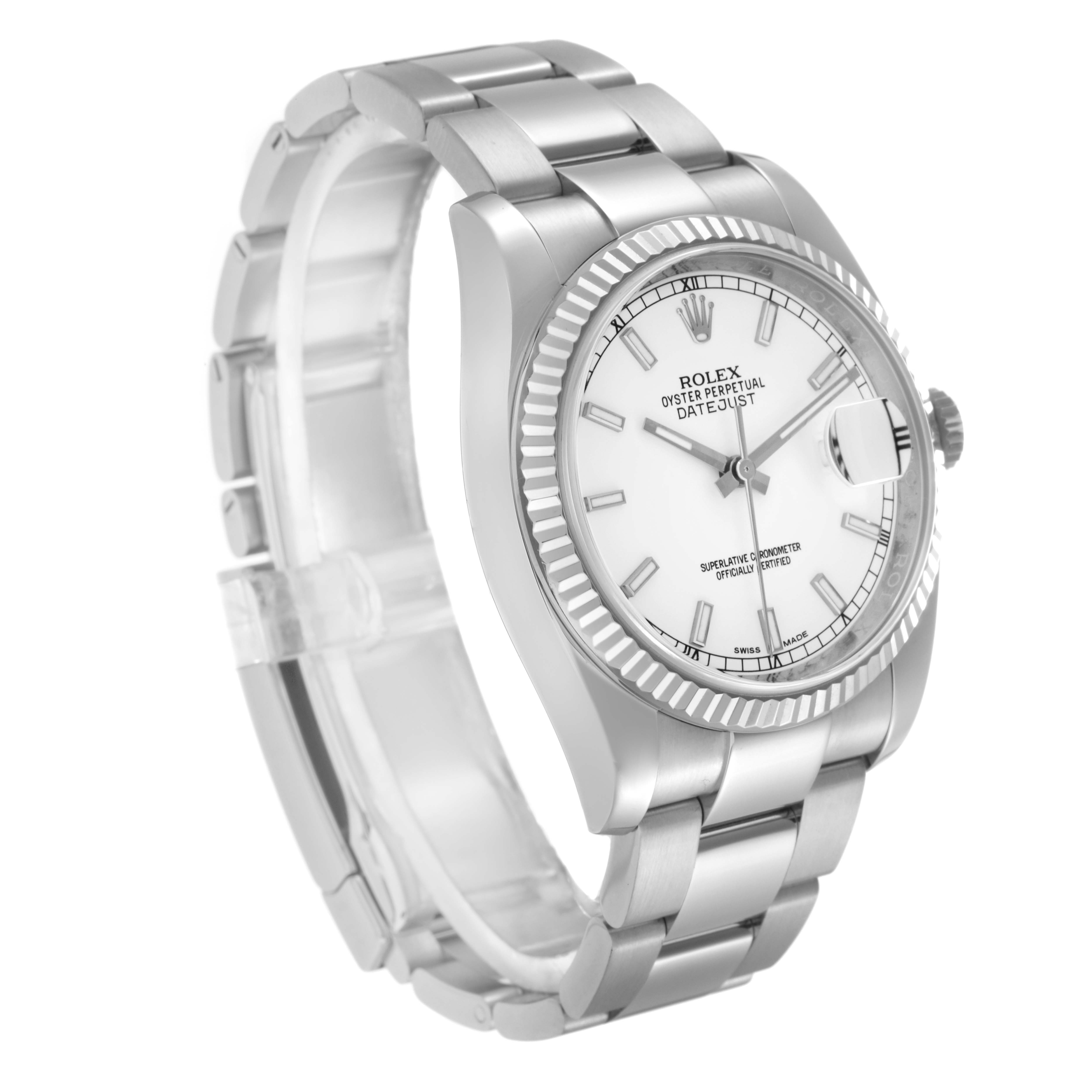 The Rolex Datejust 116234 Men
s Stainless Steel White Dial 116234 Men
s Stainless Steel White Dial watch is shown at a three-quarter angle, displaying the bracelet, bezel, and face with the date magnifier.