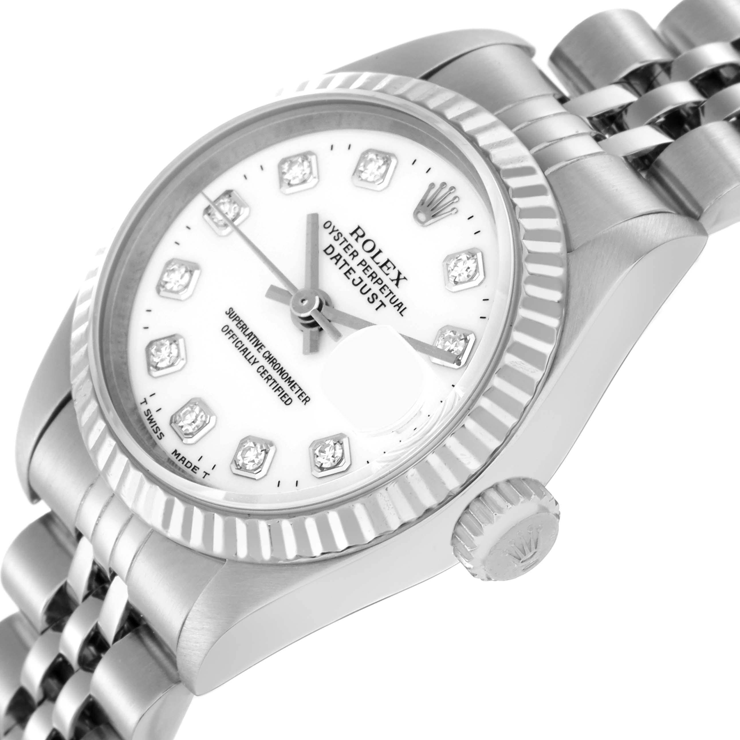 The Rolex Datejust 79174 Women
s Stainless Steel White Dial 79174 Women
s Stainless Steel White Dial watch is shown at a side angle, displaying the bezel, dial, crown, and part of the bracelet.