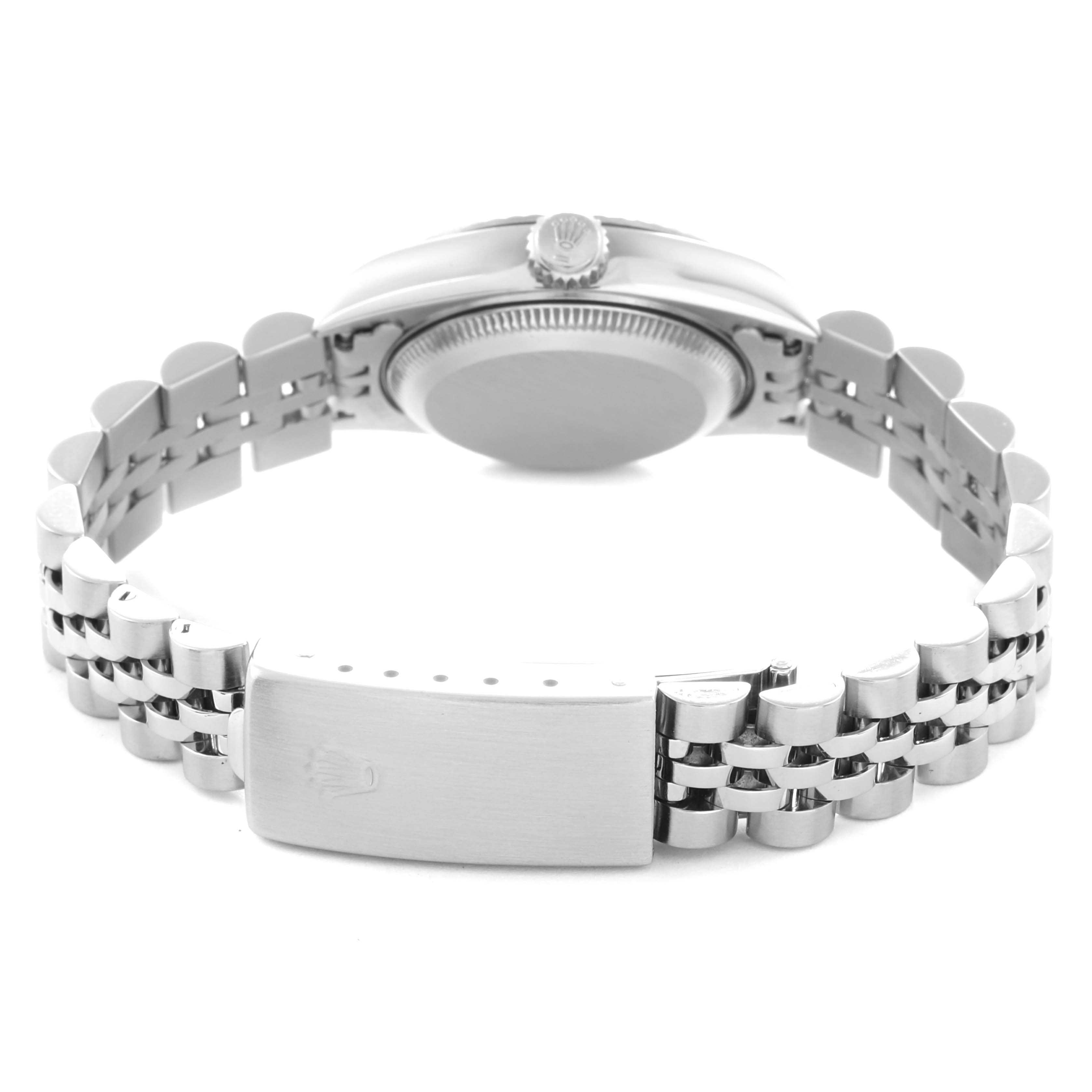 The image shows the Rolex Datejust 79174 Women
s Stainless Steel White Dial 79174 Women
s Stainless Steel White Dial watch from the back, highlighting the bracelet, clasp, and case back.