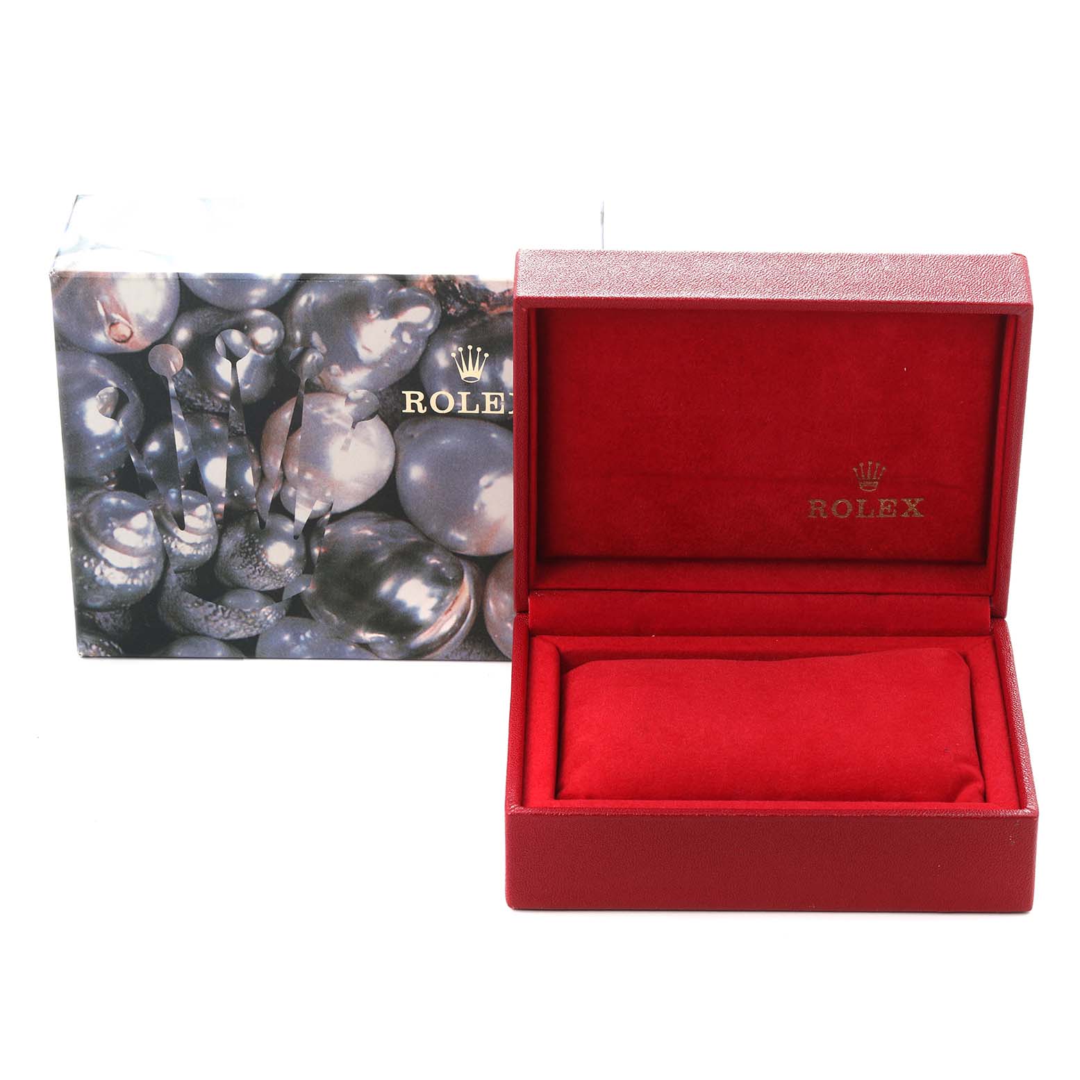 The image shows an empty Rolex Datejust 79174 Women
s Stainless Steel White Dial 79174 Women
s Stainless Steel White Dial watch box in red with a decorative outer box alongside it.