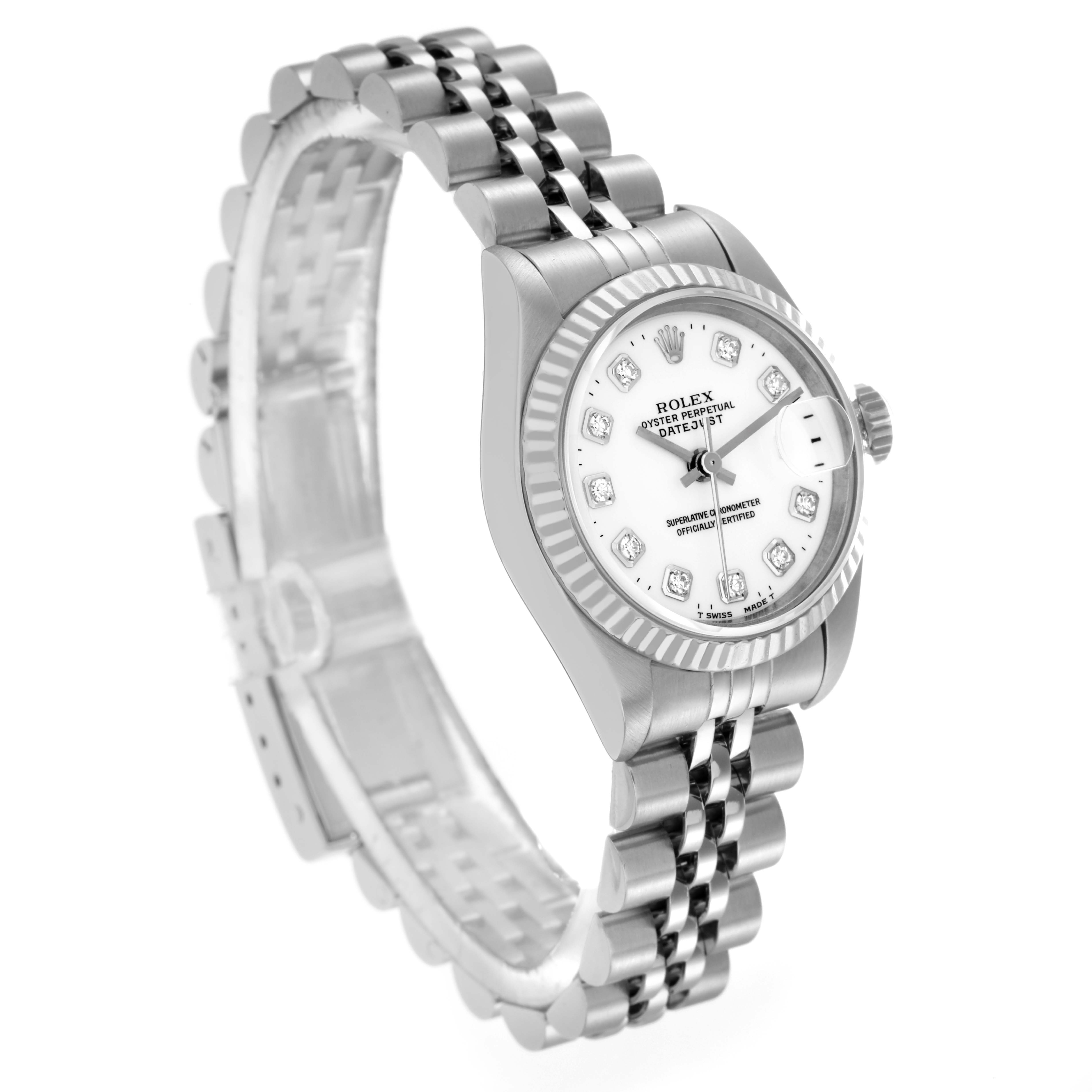 The Rolex Datejust 79174 Women
s Stainless Steel White Dial 79174 Women
s Stainless Steel White Dial watch is shown at a slight angle, highlighting the face, bezel, and bracelet.