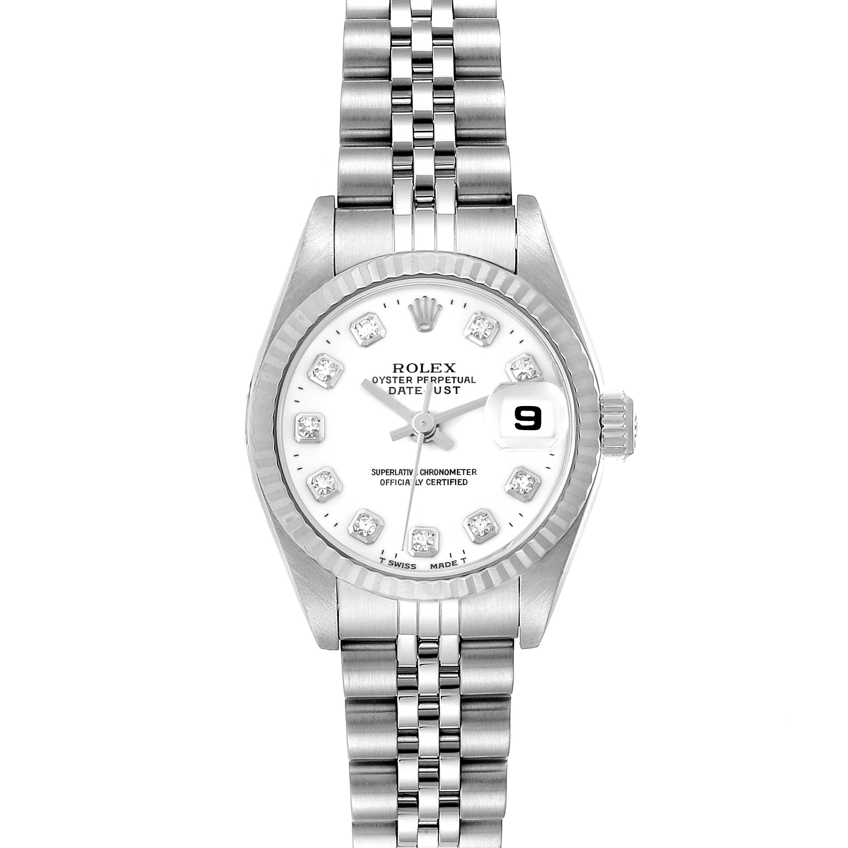 The Rolex Datejust 79174 Women
s Stainless Steel White Dial 79174 Women
s Stainless Steel White Dial watch is shown from a straight-on angle, displaying the face, bezel, and bracelet.