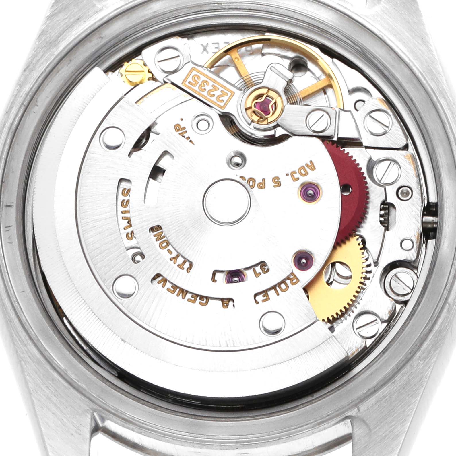 The image shows the movement of a Rolex Datejust 79174 Women
s Stainless Steel White Dial 79174 Women
s Stainless Steel White Dial watch viewed from the back, highlighting its intricate mechanical components.