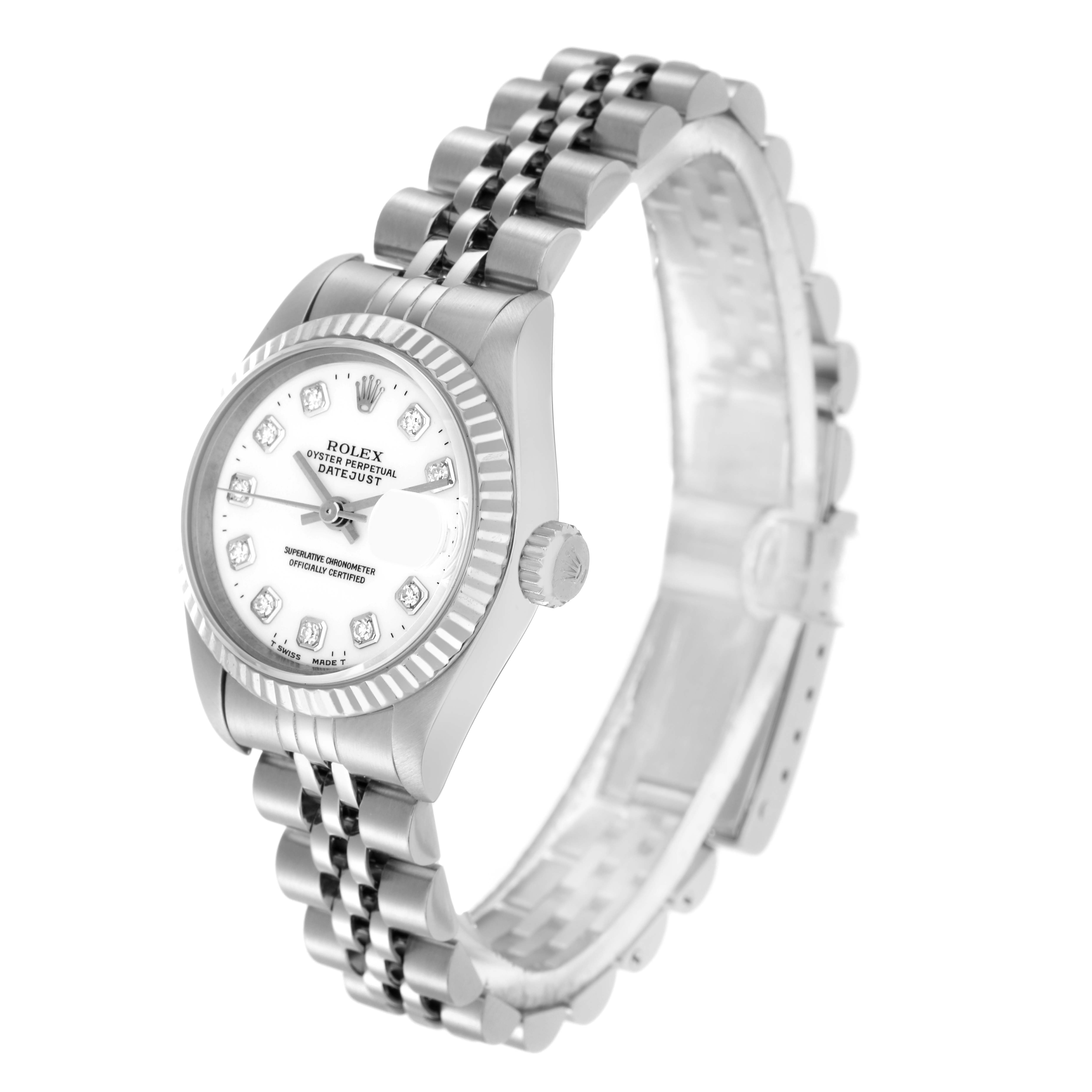 The Rolex Datejust 79174 Women
s Stainless Steel White Dial 79174 Women
s Stainless Steel White Dial watch is shown at a three-quarter angle, displaying the watch face, bezel, crown, and bracelet.