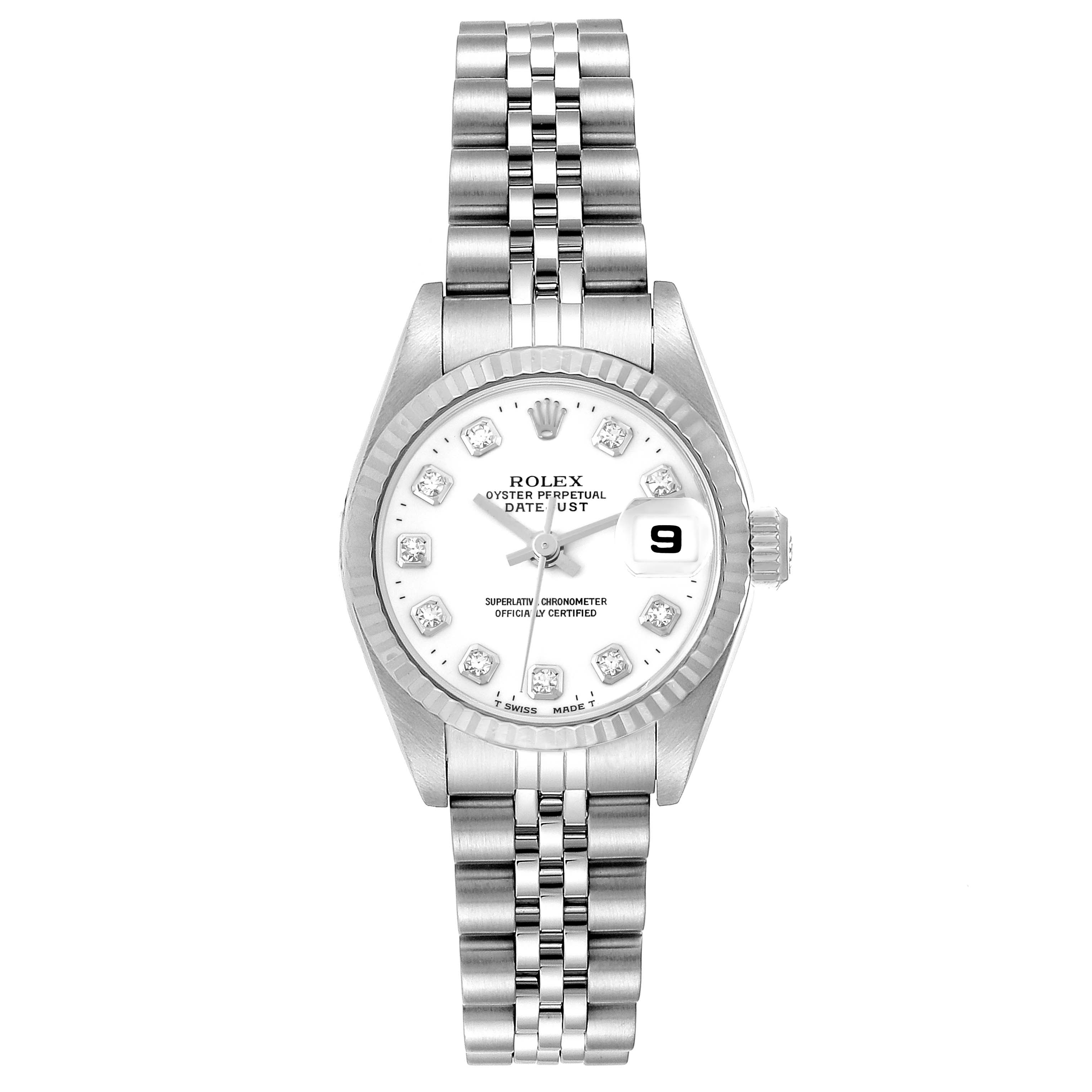 The Rolex Datejust 79174 Women
s Stainless Steel White Dial 79174 Women
s Stainless Steel White Dial watch is shown from a top-down angle, displaying the face, bezel, and bracelet.