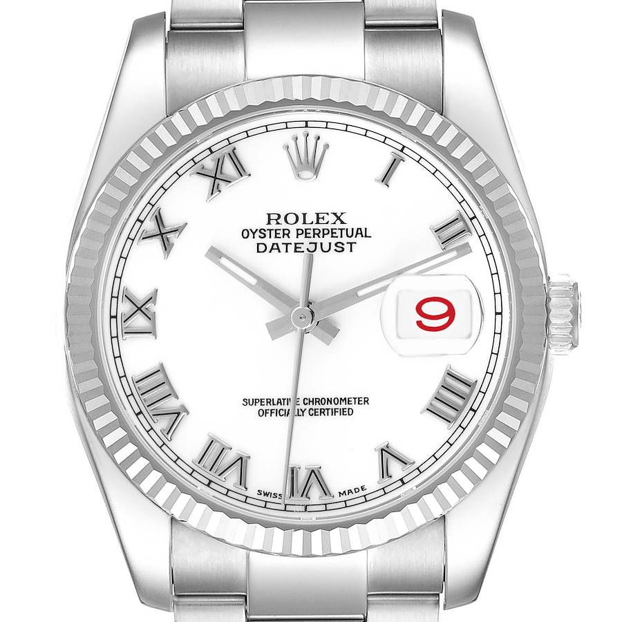The Rolex Datejust watch is shown from the front, highlighting the dial, bezel, and part of the bracelet.