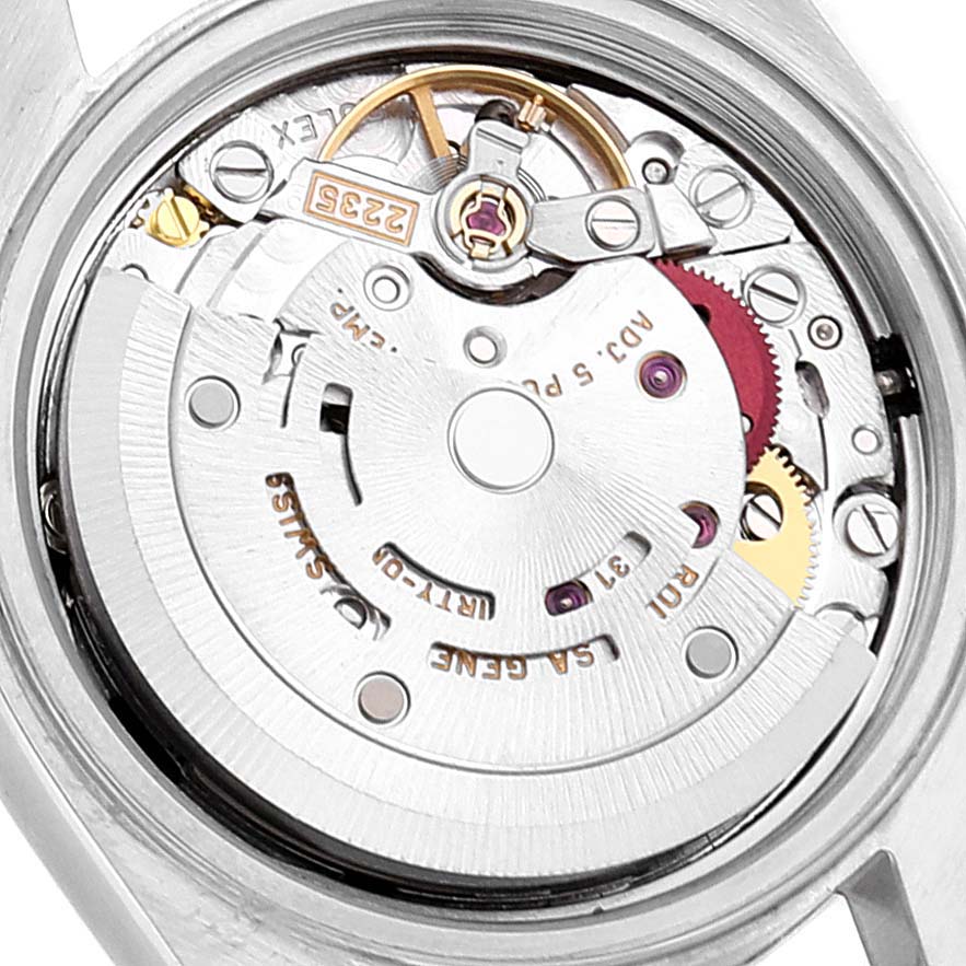 This image shows the internal mechanism and movement of a Rolex Datejust 79173 Women's Steel and Gold (two tone) Black Dial 79173 Women's Steel and Gold (two tone) Black Dial watch from a top-down angle.