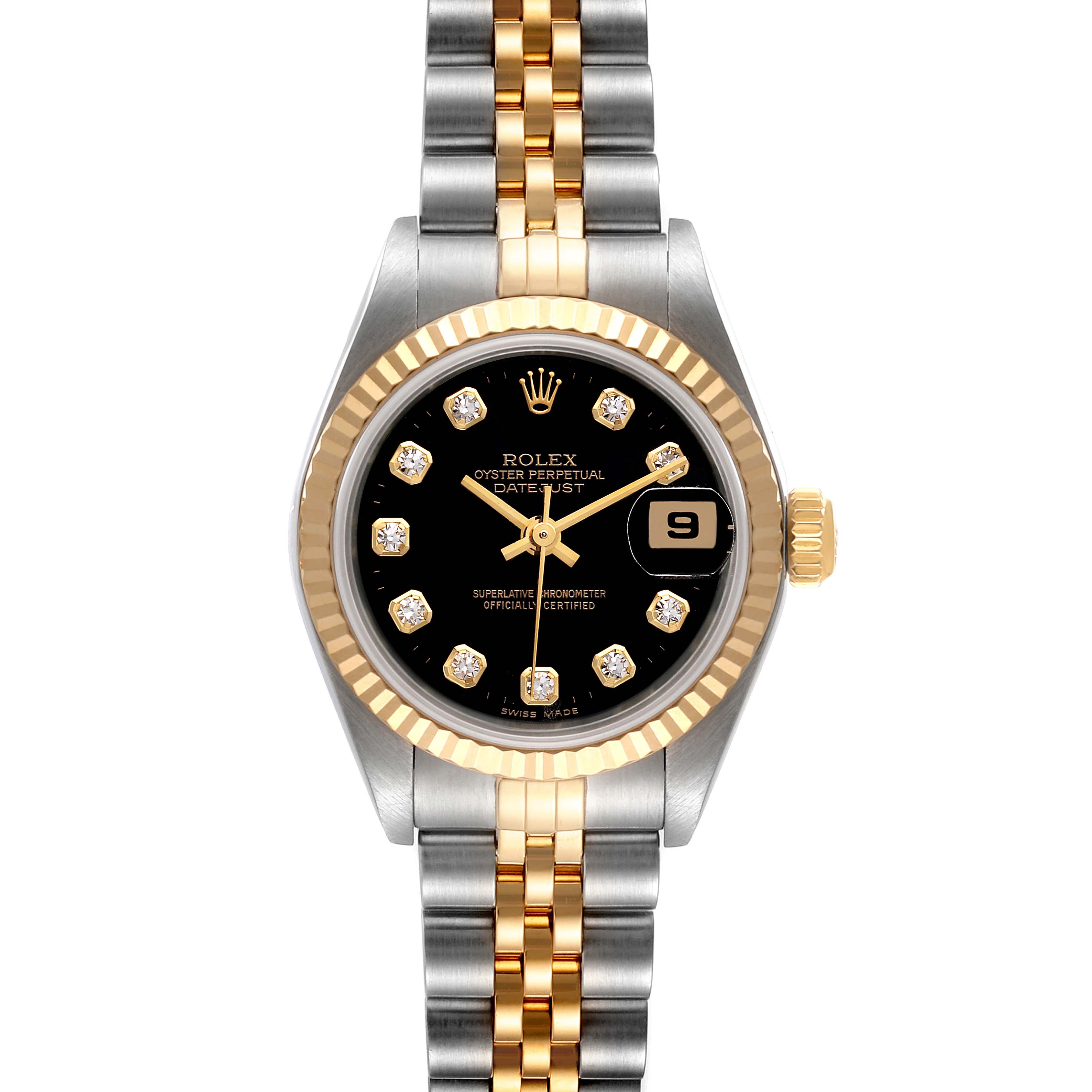 The image shows a front-facing view of a Datejust model Rolex, highlighting its two-tone bracelet, black dial, gold-tone bezel, and diamond hour markers.