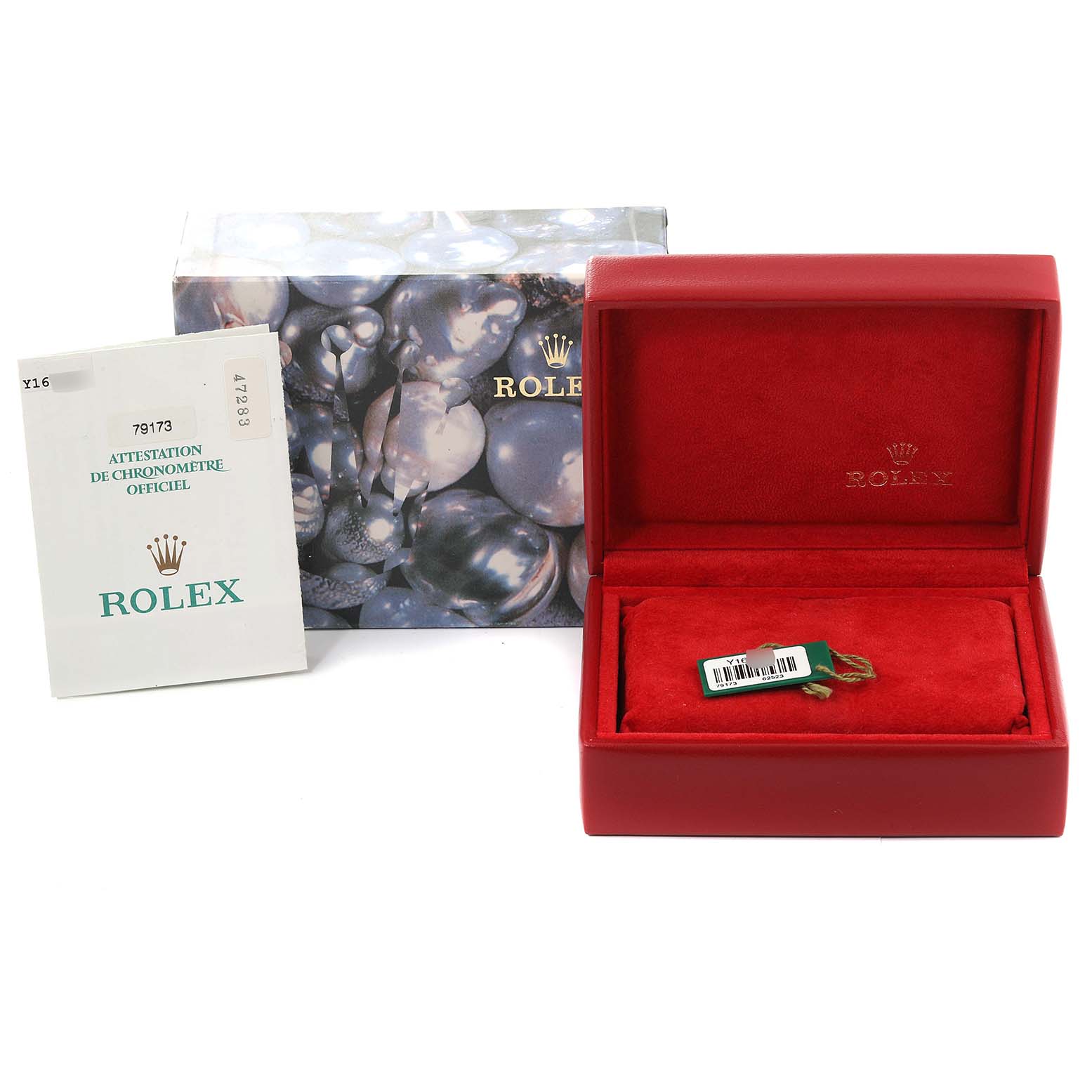 This image shows a Rolex Datejust 79173 Women's Steel and Gold (two tone) Black Dial 79173 Women's Steel and Gold (two tone) Black Dial watch box, protective box, and certificate, viewed from the front.
