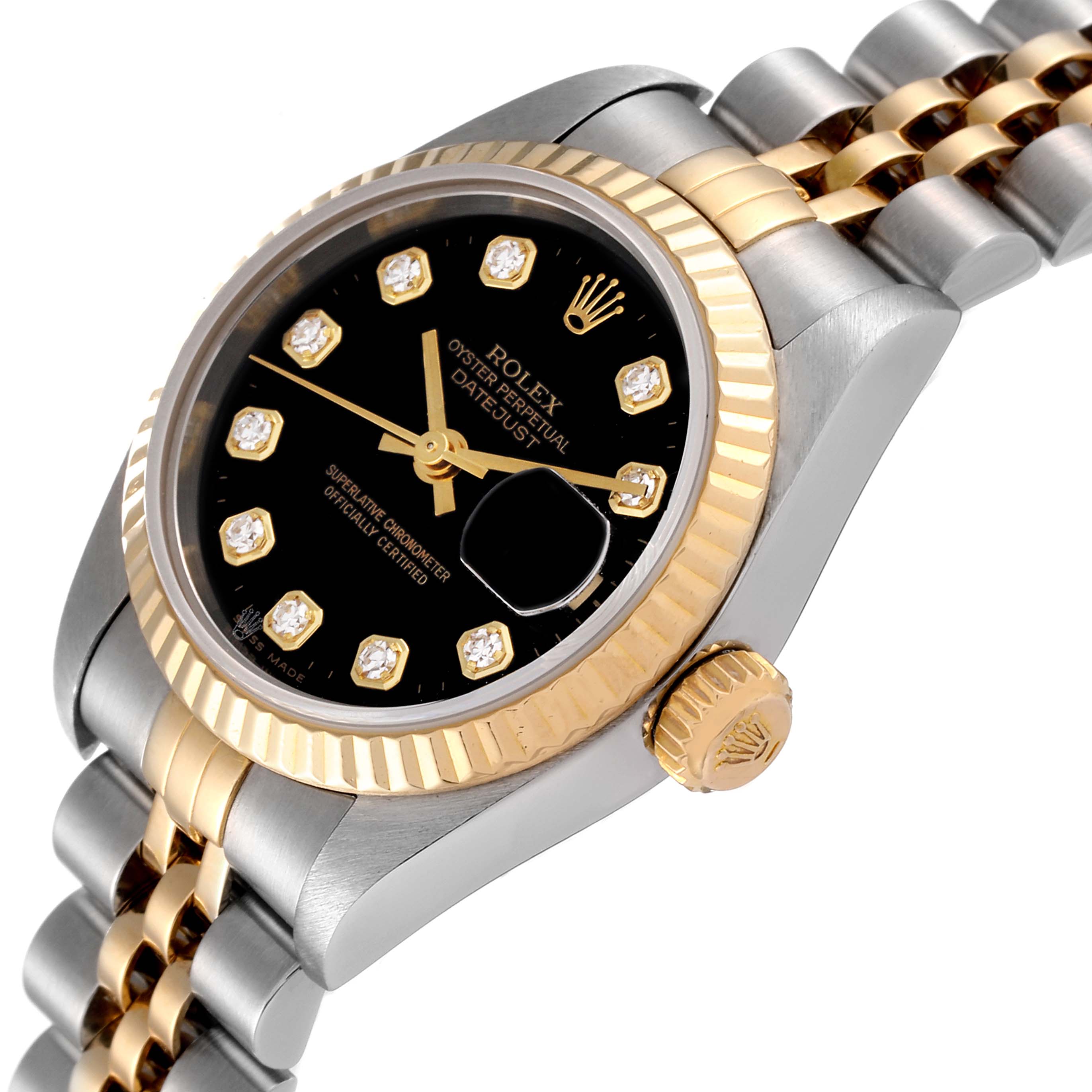 The image shows a close-up angle of a Rolex Datejust 79173 Women's Steel and Gold (two tone) Black Dial 79173 Women's Steel and Gold (two tone) Black Dial watch, highlighting its black dial, diamond markers, fluted bezel, and Jubilee bracelet.