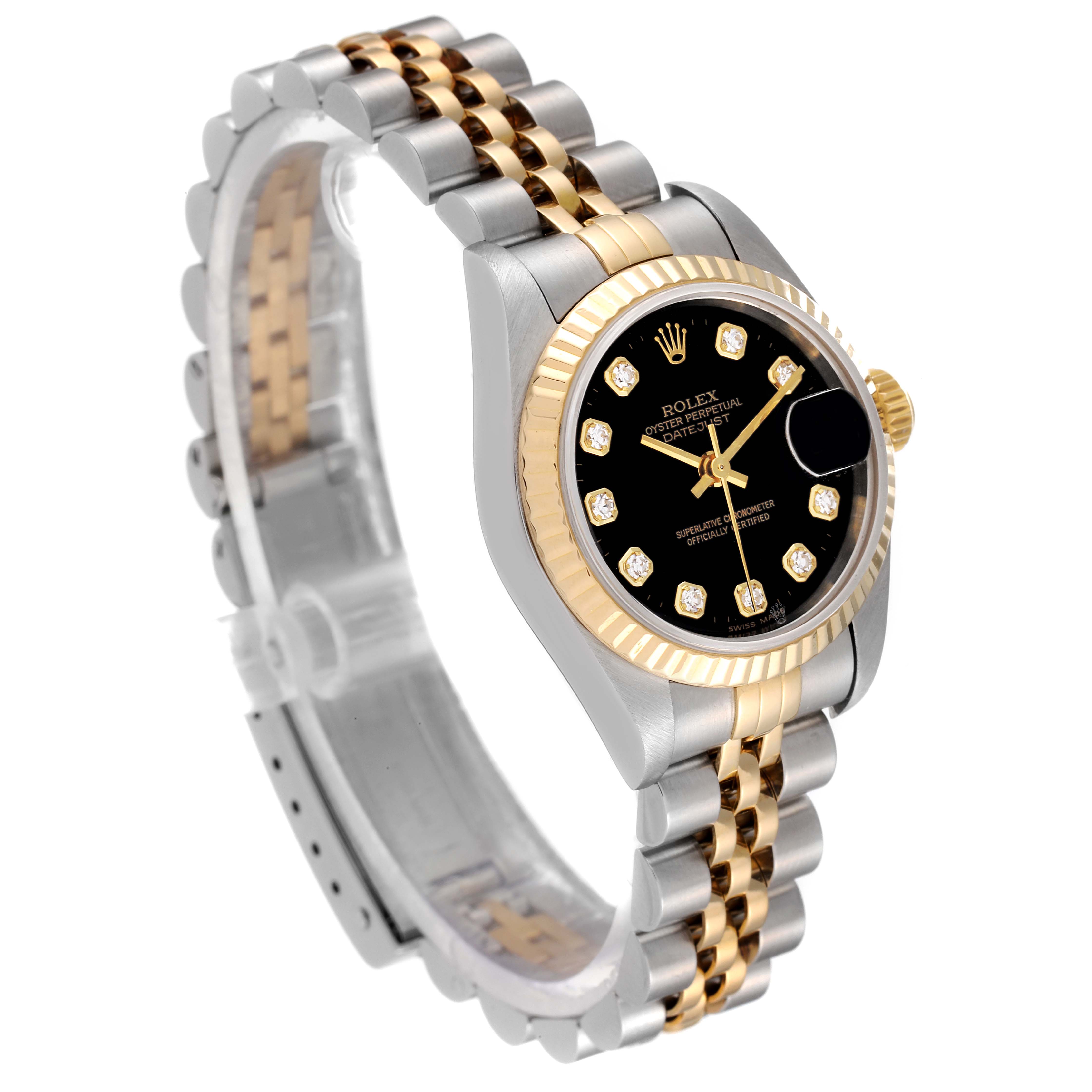 The Rolex Datejust 79173 Women's Steel and Gold (two tone) Black Dial 79173 Women's Steel and Gold (two tone) Black Dial watch is shown from a three-quarter angle, highlighting its black dial, fluted bezel, and two-tone jubilee bracelet.