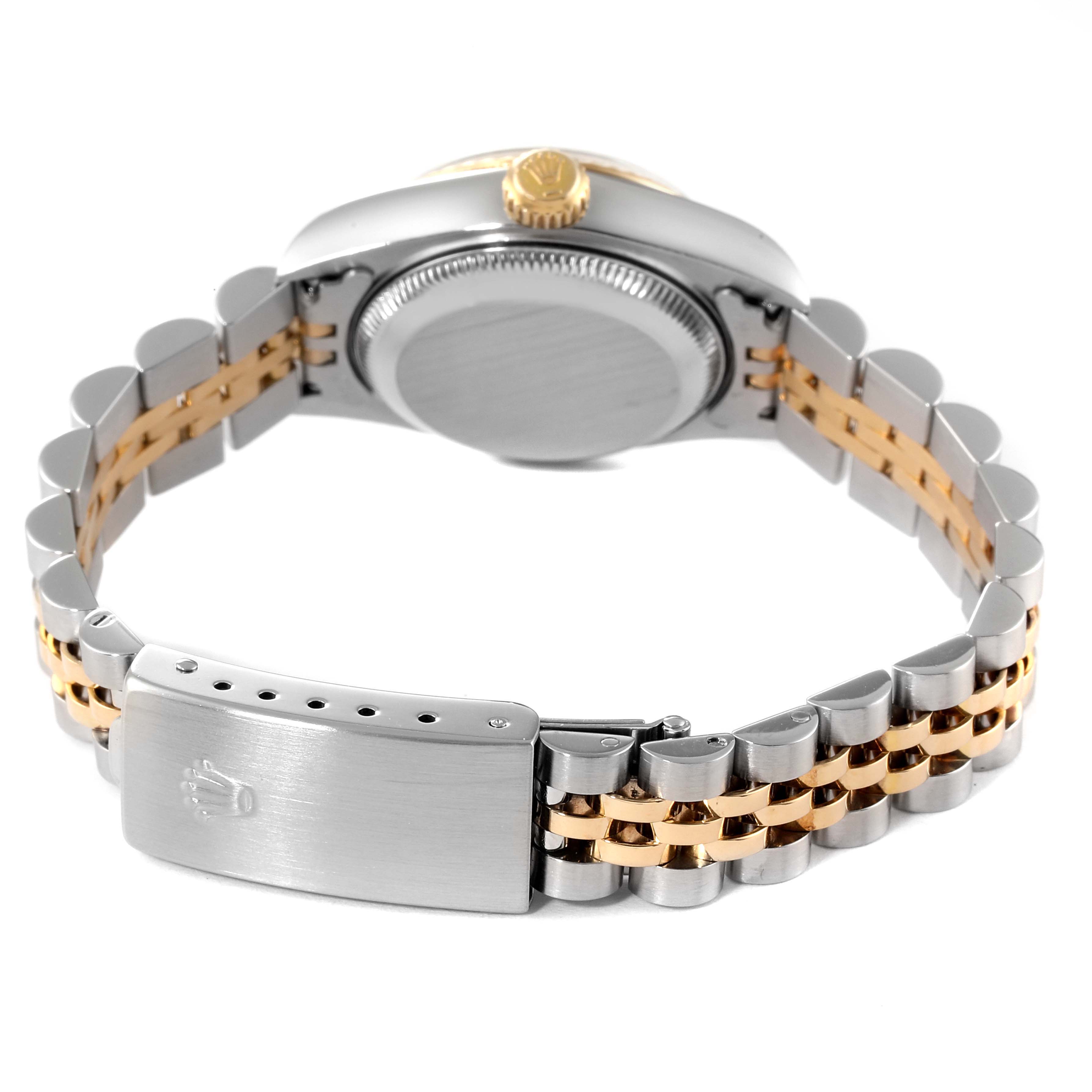 This image shows the back view of a Rolex Datejust 79173 Women's Steel and Gold (two tone) Black Dial 79173 Women's Steel and Gold (two tone) Black Dial watch, highlighting the bracelet, clasp, and crown.