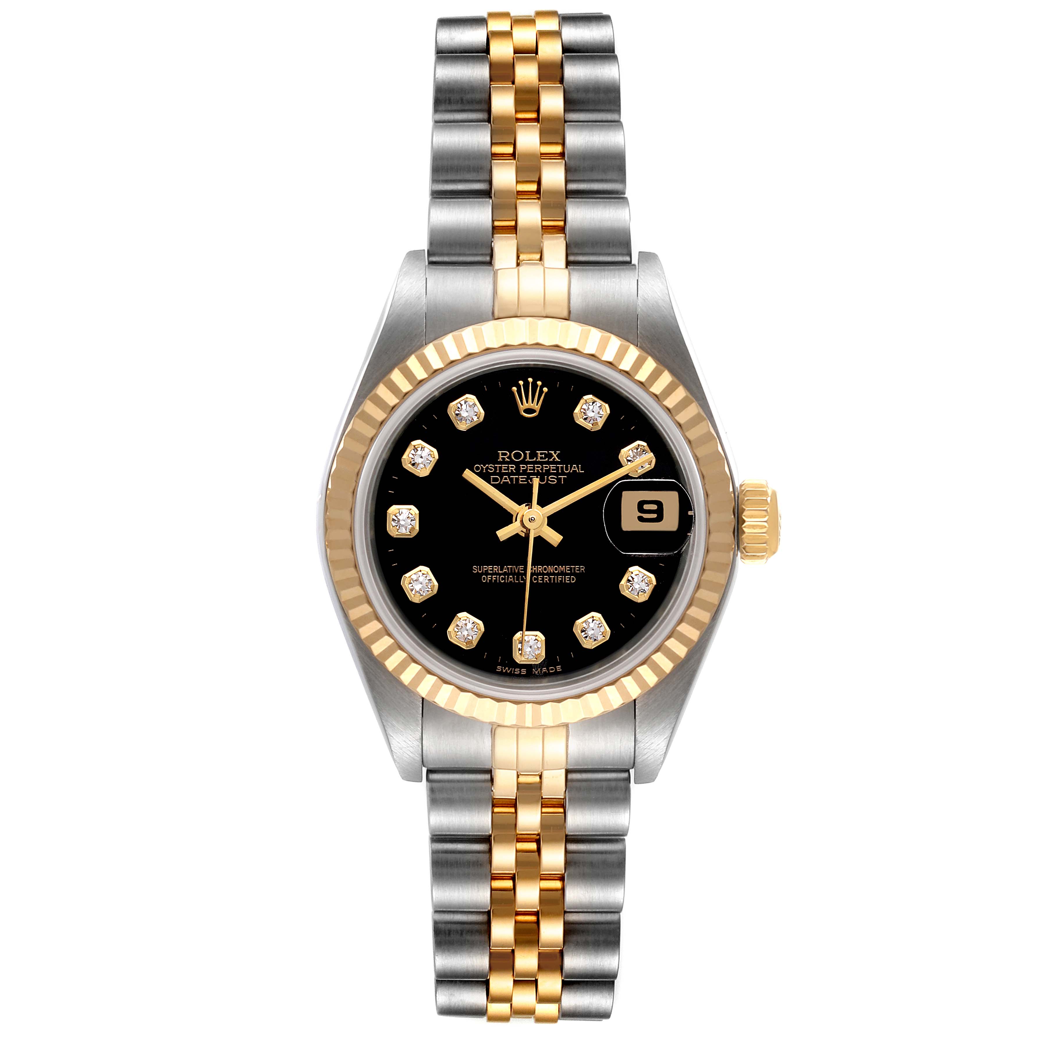 This image shows a Rolex Datejust 79173 Women's Steel and Gold (two tone) Black Dial 79173 Women's Steel and Gold (two tone) Black Dial watch, displaying its face, bezel, and two-tone bracelet from a top-down angle.
