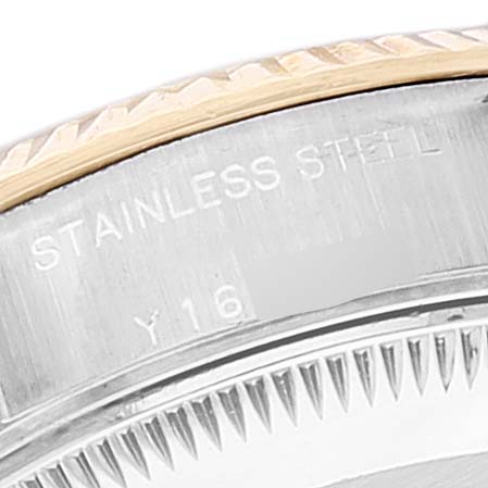 The image shows a close-up angle of the stainless steel casing and fluted bezel of a Rolex Datejust 79173 Women's Steel and Gold (two tone) Black Dial 79173 Women's Steel and Gold (two tone) Black Dial watch.