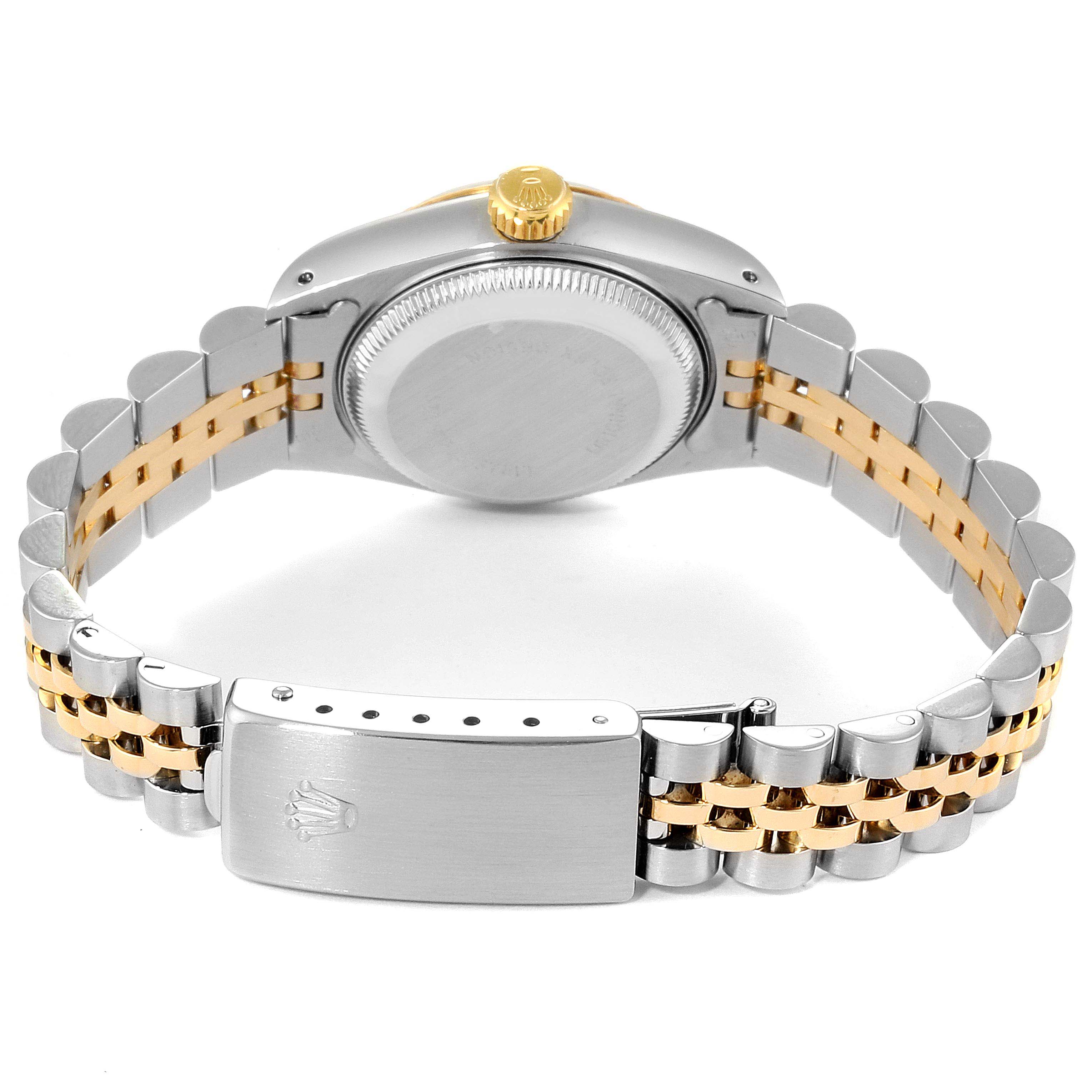 The image shows the back view of a Rolex Datejust 69173 Women's Steel and Gold (two tone) Blue Dial 69173 Women's Steel and Gold (two tone) Blue Dial watch, highlighting its two-tone bracelet and clasp.