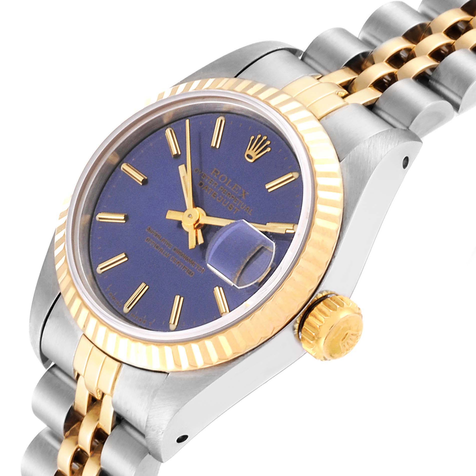This Rolex Datejust 69173 Women's Steel and Gold (two tone) Blue Dial 69173 Women's Steel and Gold (two tone) Blue Dial watch is shown at a slight angle, highlighting the dial, fluted bezel, crown, and part of the bracelet.
