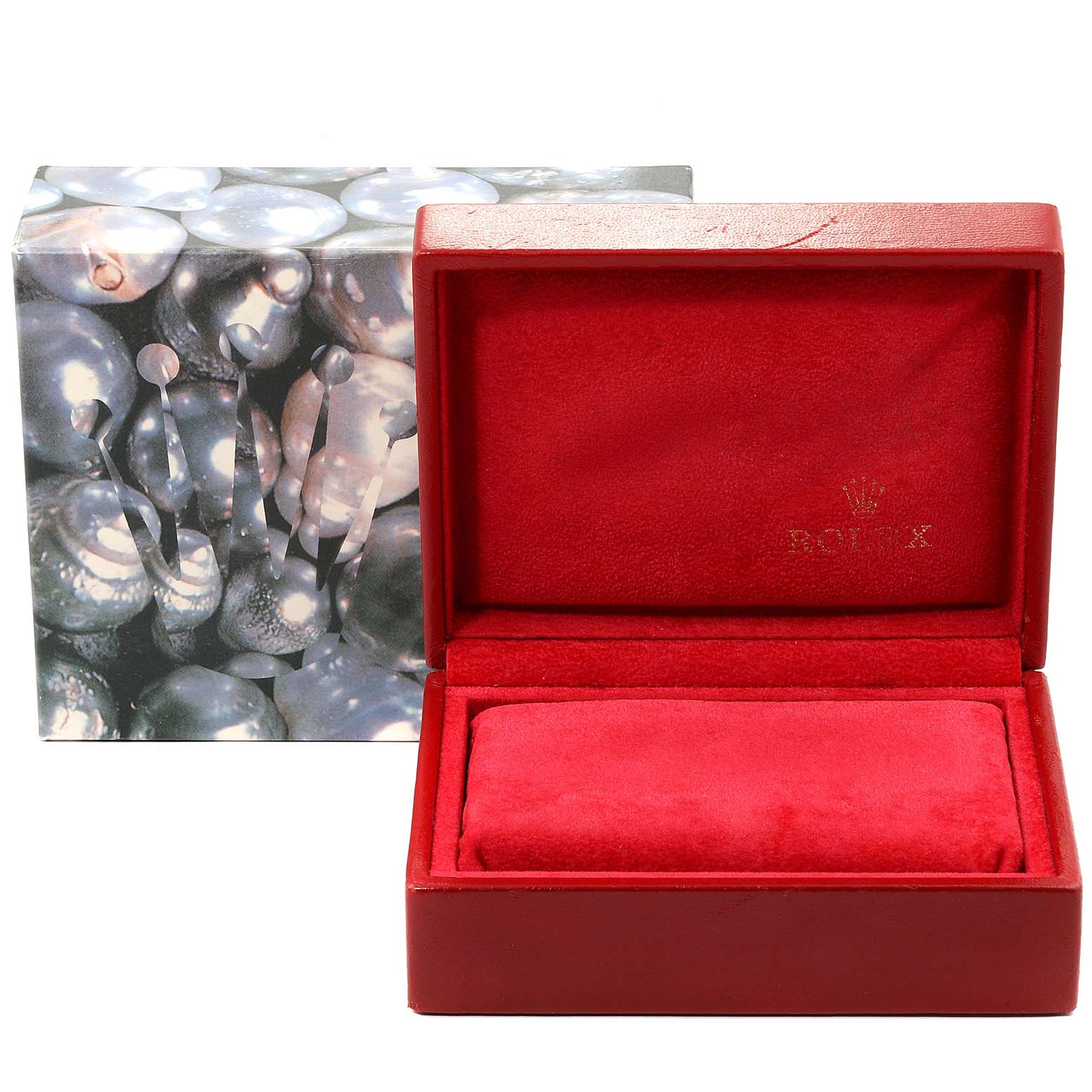 The image shows an empty red Rolex Datejust 69173 Women's Steel and Gold (two tone) Blue Dial 69173 Women's Steel and Gold (two tone) Blue Dial watch box with a padded interior and an outer decorated box.