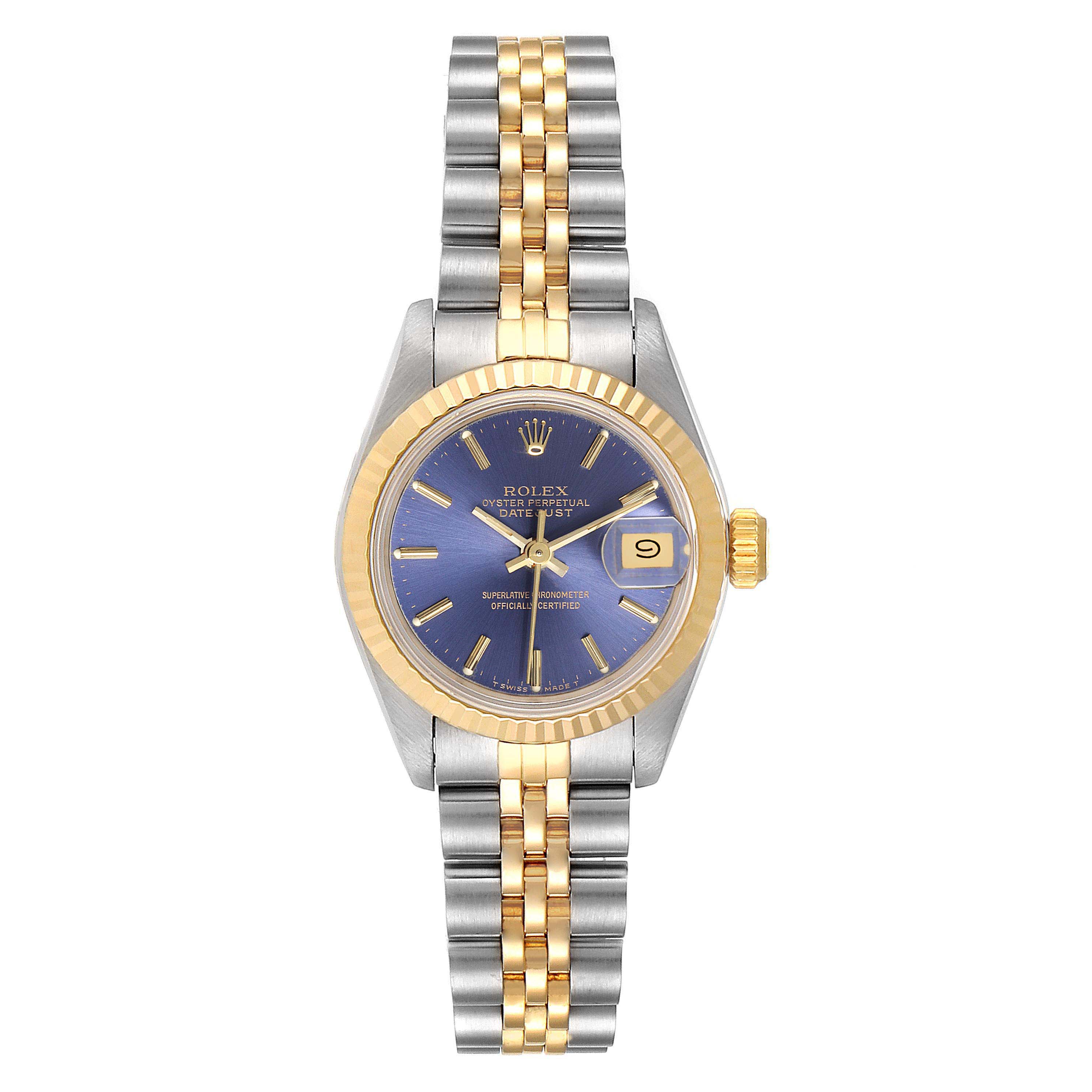 This image shows a frontal view of a Rolex Datejust 69173 Women's Steel and Gold (two tone) Blue Dial 69173 Women's Steel and Gold (two tone) Blue Dial watch featuring a blue dial and a two-tone band.
