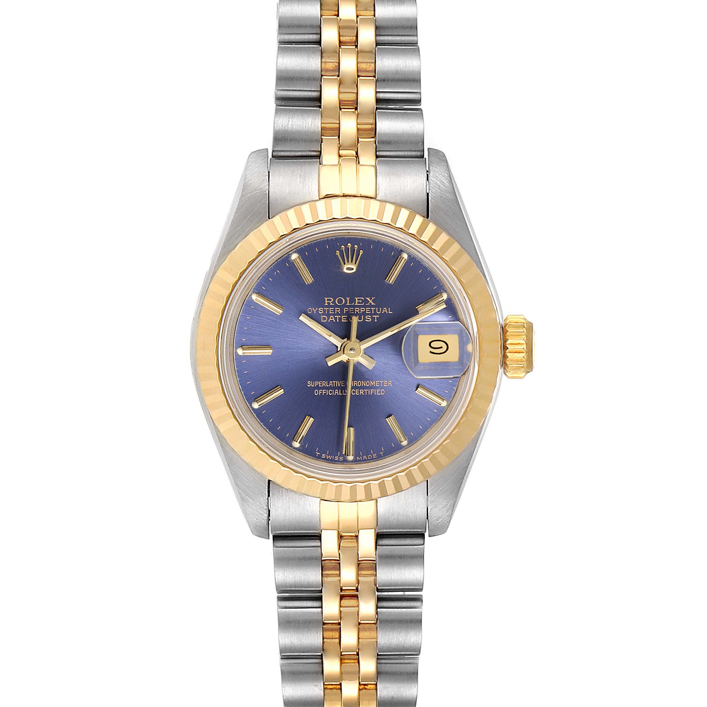 The image shows a front view of a Rolex Datejust 69173 Women's Steel and Gold (two tone) Blue Dial 69173 Women's Steel and Gold (two tone) Blue Dial watch, highlighting its two-tone bracelet, blue dial, and date window.