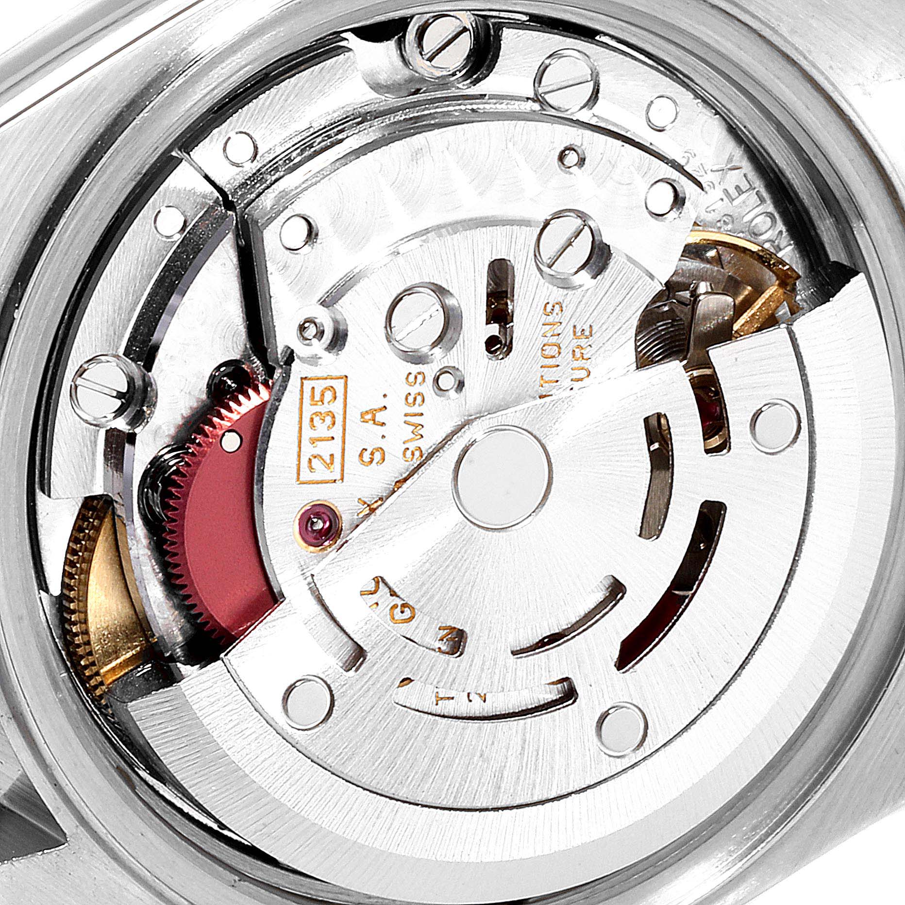 The image shows the internal mechanism of a Rolex Datejust 69173 Women's Steel and Gold (two tone) Blue Dial 69173 Women's Steel and Gold (two tone) Blue Dial watch from a close-up angle.