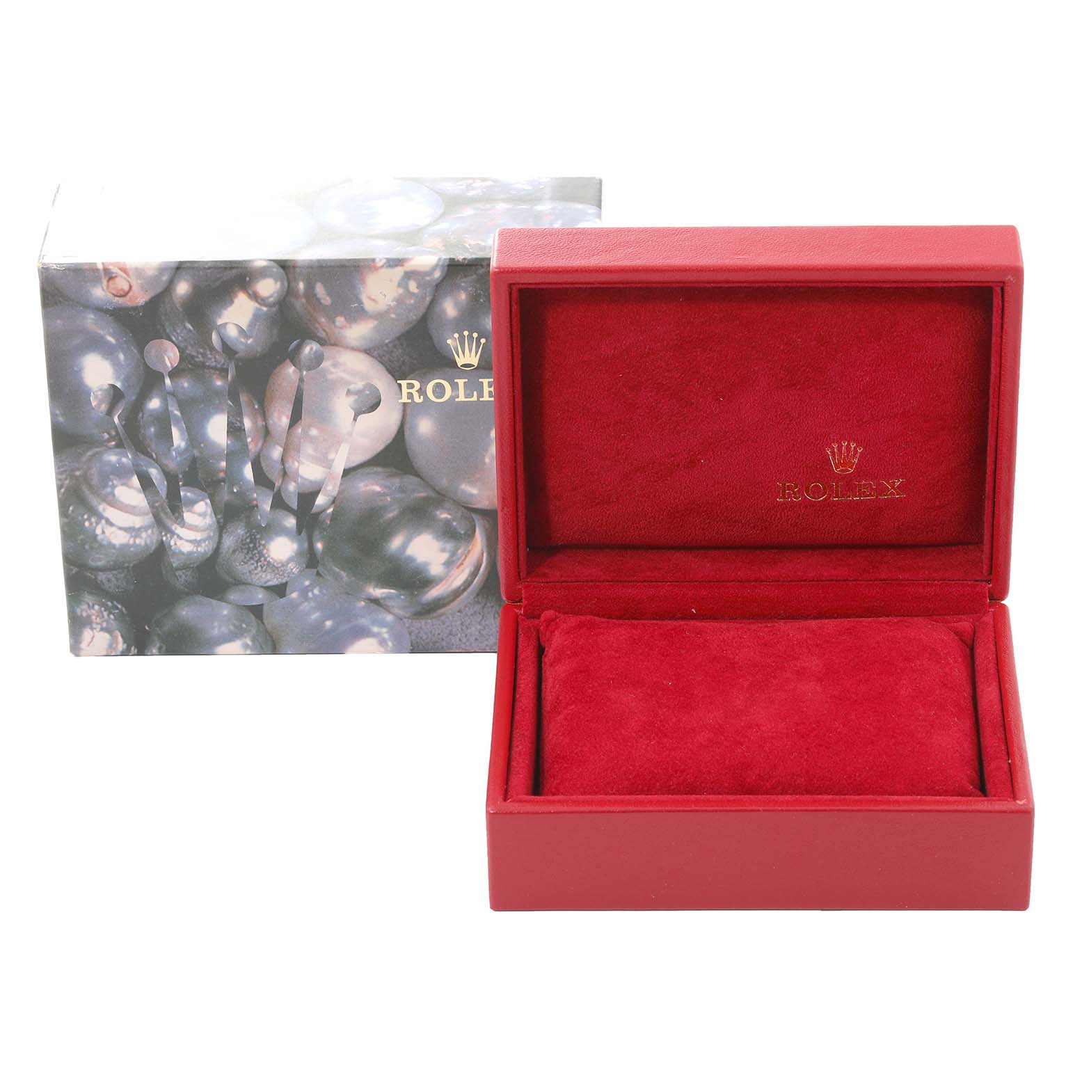 The image shows an angled view of a red Rolex Datejust 79173 Women's Steel and Gold (two tone) Blue Dial 79173 Women's Steel and Gold (two tone) Blue Dial watch box with an open lid and a decorative outer box behind it.