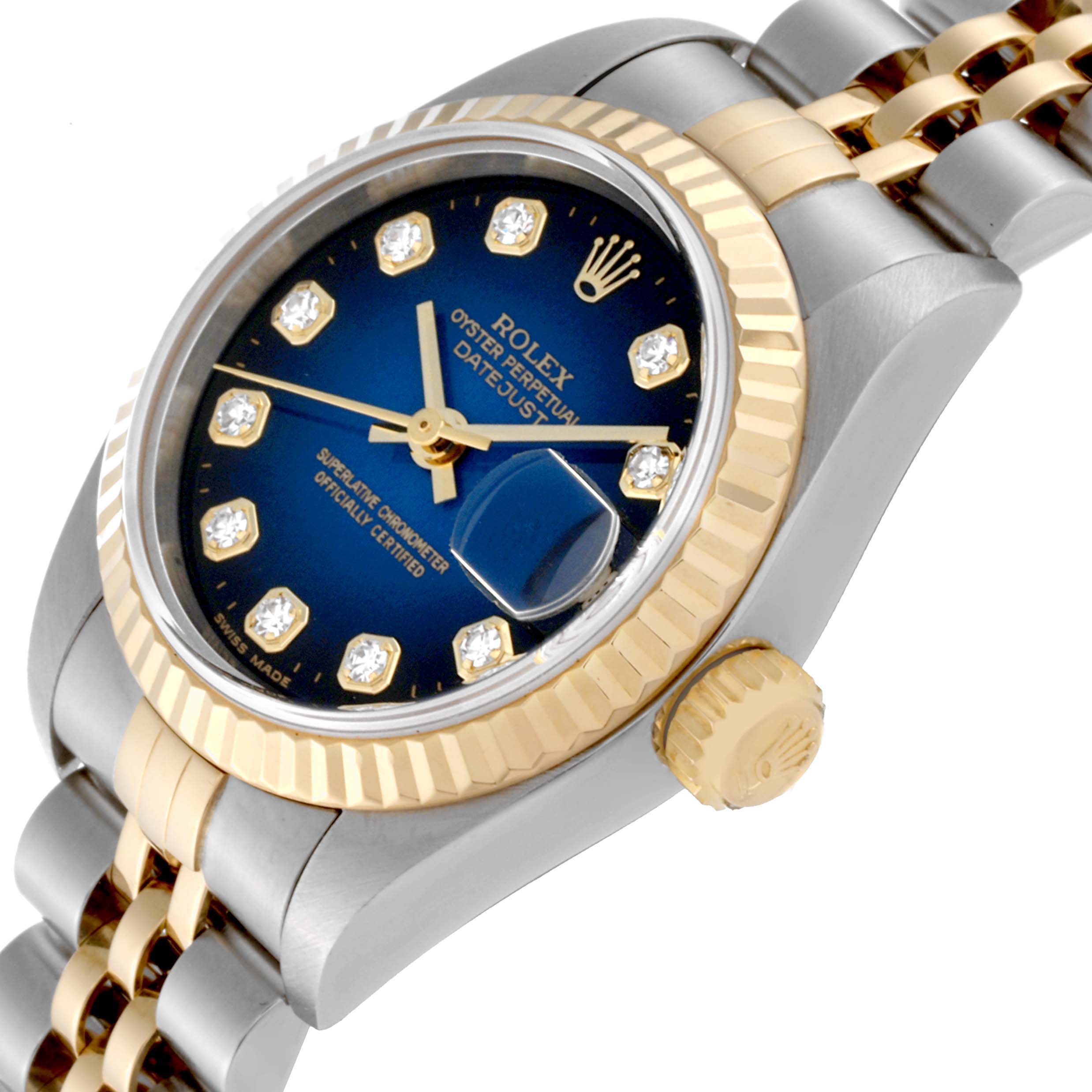 The image shows a side angle of a Rolex Datejust 79173 Women's Steel and Gold (two tone) Blue Dial 79173 Women's Steel and Gold (two tone) Blue Dial watch, highlighting its face, bezel, and part of the bracelet.