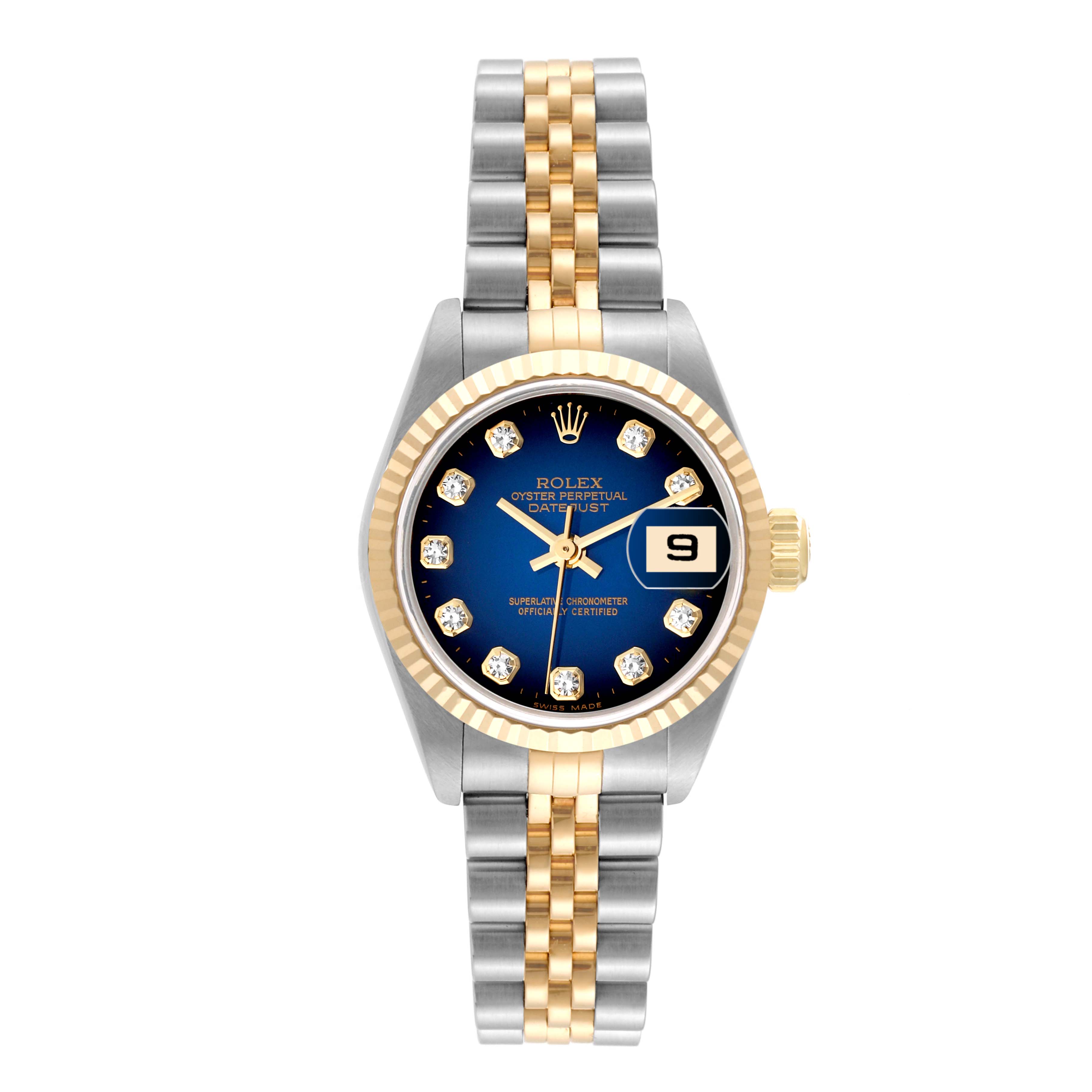 This image shows a full frontal view of the Rolex Datejust 79173 Women's Steel and Gold (two tone) Blue Dial 79173 Women's Steel and Gold (two tone) Blue Dial watch, highlighting its bezel, dial, hands, bracelet, and date display.